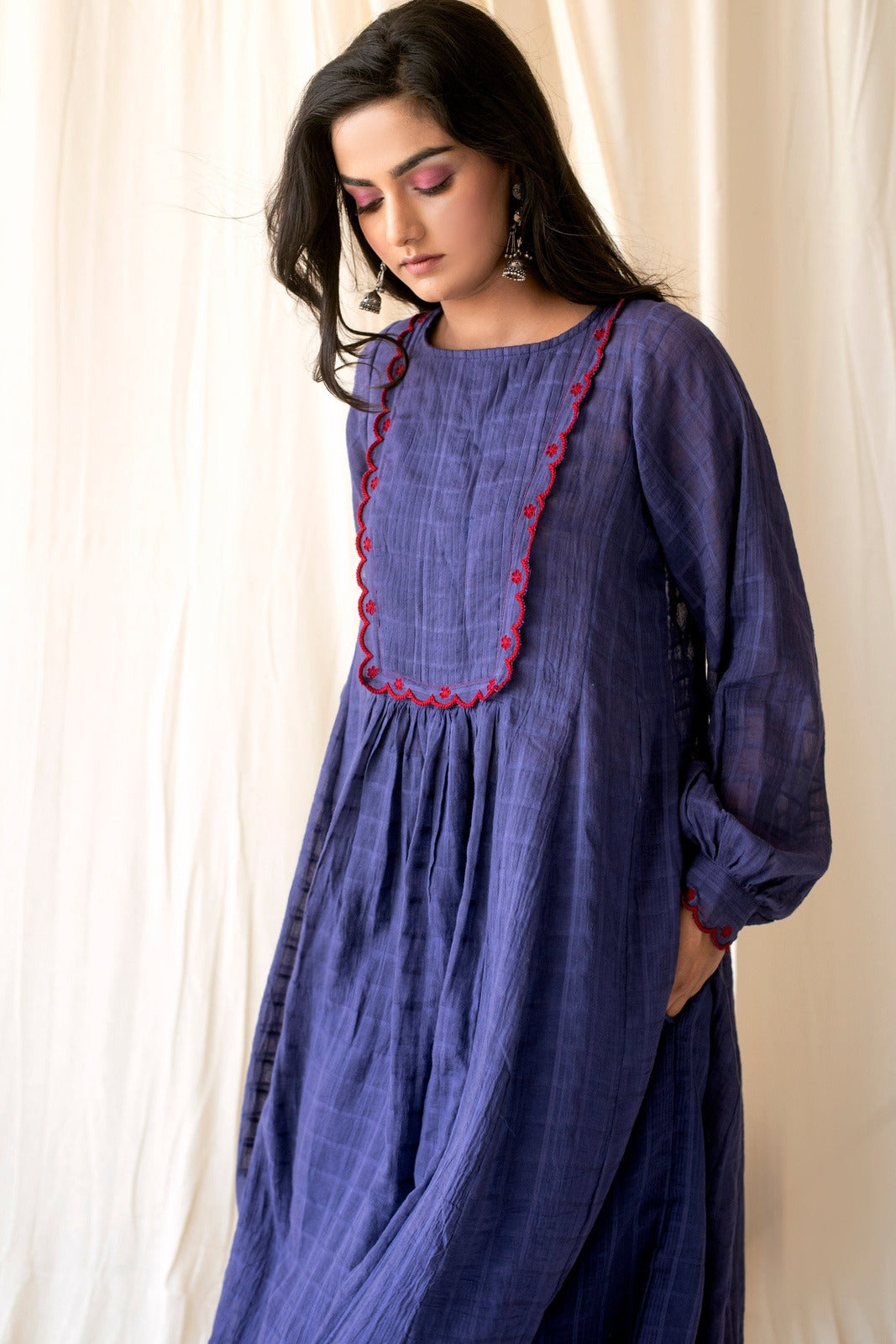Amethyst Set at Kamakhyaa by Taro. This item is Best Selling, Blue, Checks, Cotton, Evening Wear, For Mother, Indian Wear, July Sale, July Sale 2023, Kurta Palazzo Sets, Natural, Regular Fit, Rozana Taro, Wedding Gifts, Womenswear
