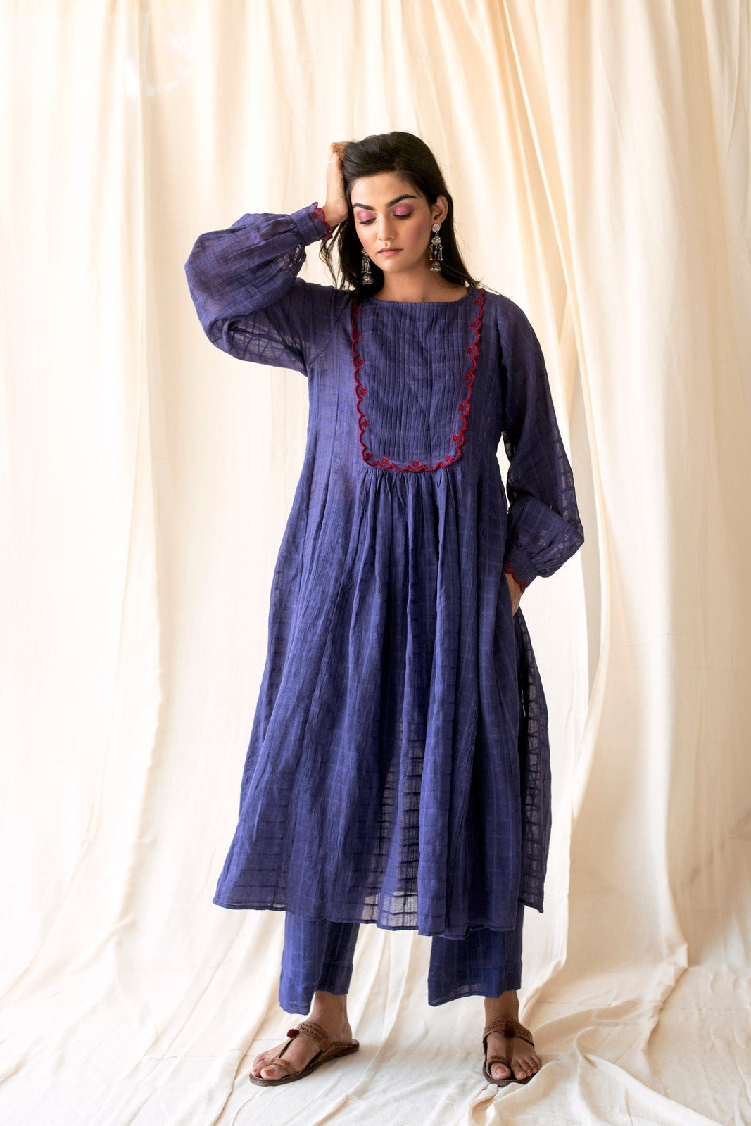 Amethyst Set at Kamakhyaa by Taro. This item is Best Selling, Blue, Checks, Cotton, Evening Wear, For Mother, Indian Wear, July Sale, July Sale 2023, Kurta Palazzo Sets, Natural, Regular Fit, Rozana Taro, Wedding Gifts, Womenswear