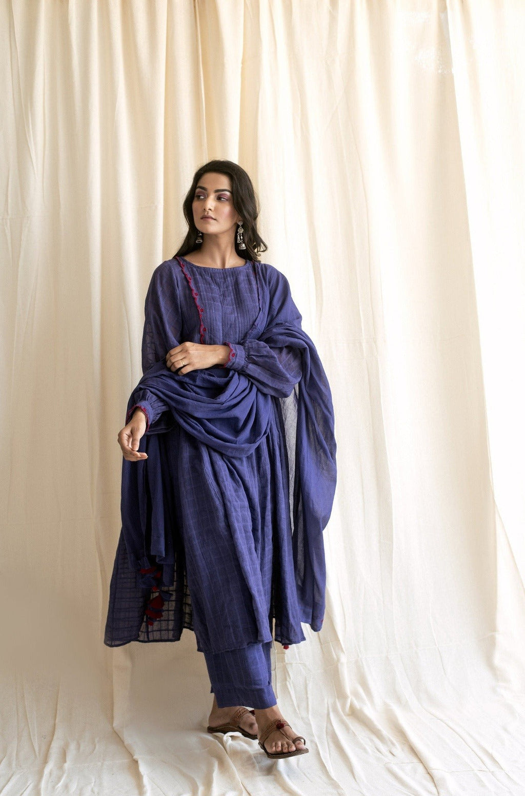 Amethyst Set at Kamakhyaa by Taro. This item is Best Selling, Blue, Checks, Cotton, Evening Wear, For Mother, Indian Wear, July Sale, July Sale 2023, Kurta Palazzo Sets, Natural, Regular Fit, Rozana Taro, Wedding Gifts, Womenswear