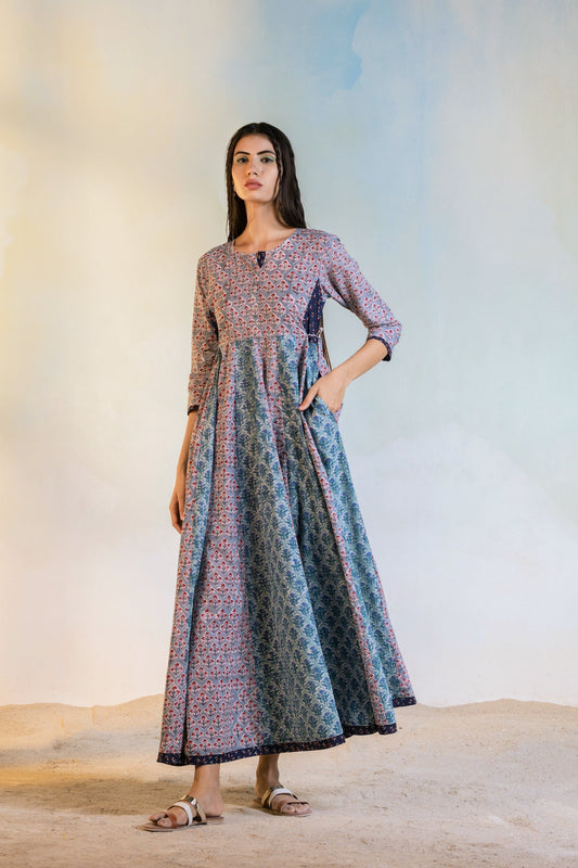 Anarkali Dress at Kamakhyaa by Charkhee. This item is Best Selling, Casual Wear, Cotton, For Daughter, Grey, Maxi Dresses, Natural, Prints, Regular Fit, Resort Wear, Womenswear