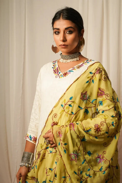 Anarkali Kurta And Pants-Set Of Two at Kamakhyaa by Keva. This item is Best Selling, Cotton Lurex, Embroidered, For Mother, Indian Wear, Kurta Pant Sets, Natural, Relaxed Fit, Resort Wear, Tatriz, White, Womenswear