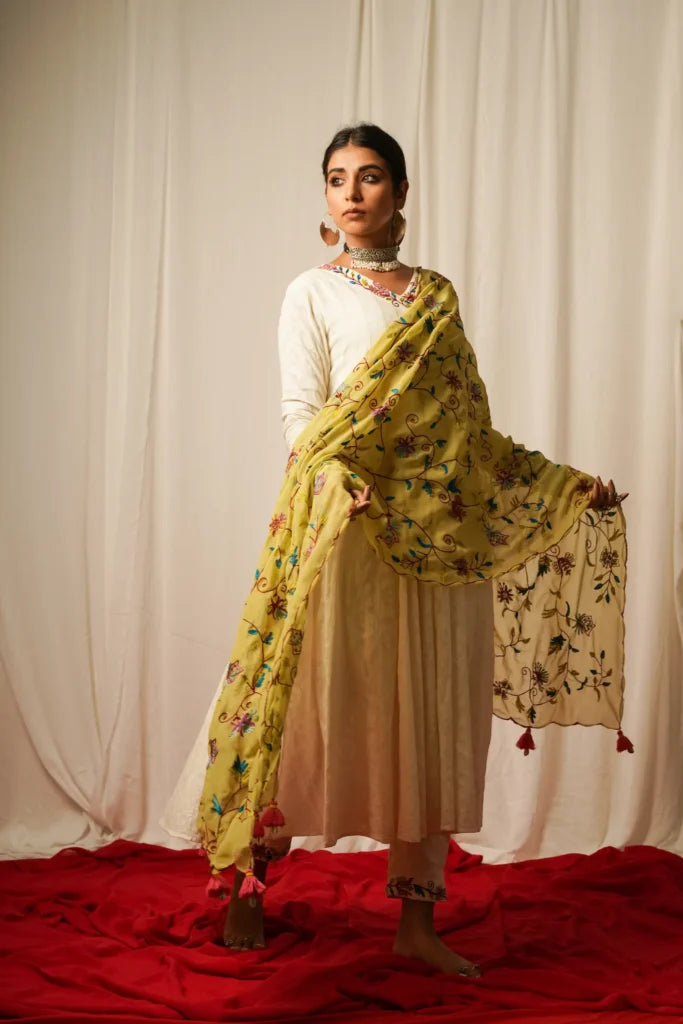 Anarkali Kurta, Pants And Duppata - Set Of Three at Kamakhyaa by Keva. This item is Best Selling, Cotton Lurex, Embroidered, For Mother, Green, Indian Wear, Kurta Pant Sets, Kurta Set With Dupatta, Natural, Relaxed Fit, Resort Wear, Tatriz, White, Womenswear