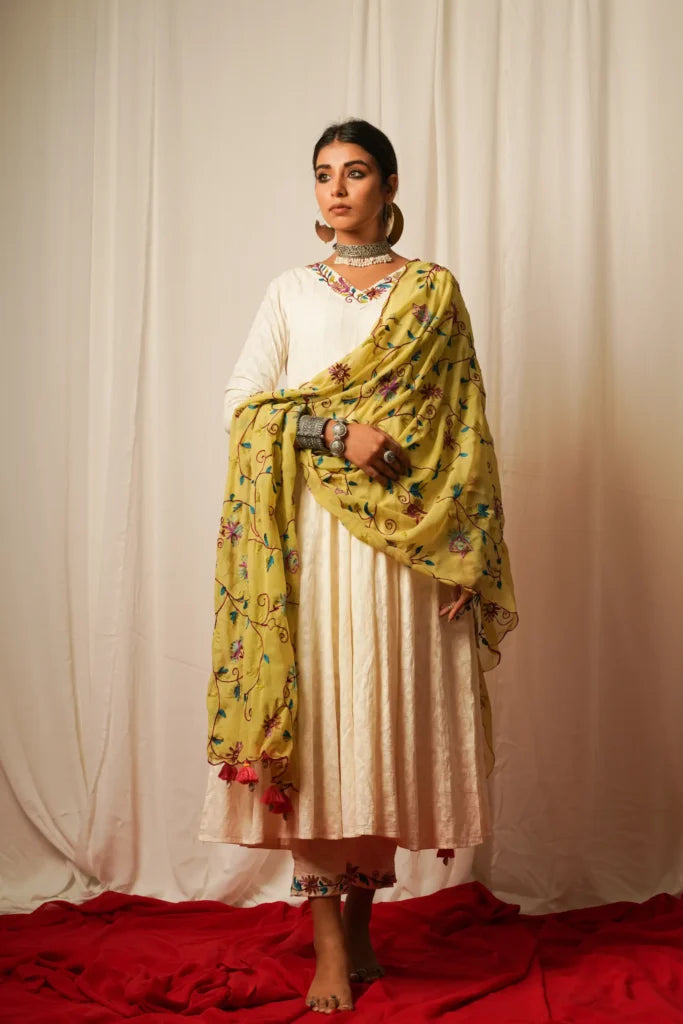 Anarkali Kurta, Pants And Duppata - Set Of Three at Kamakhyaa by Keva. This item is Best Selling, Cotton Lurex, Embroidered, For Mother, Green, Indian Wear, Kurta Pant Sets, Kurta Set With Dupatta, Natural, Relaxed Fit, Resort Wear, Tatriz, White, Womenswear