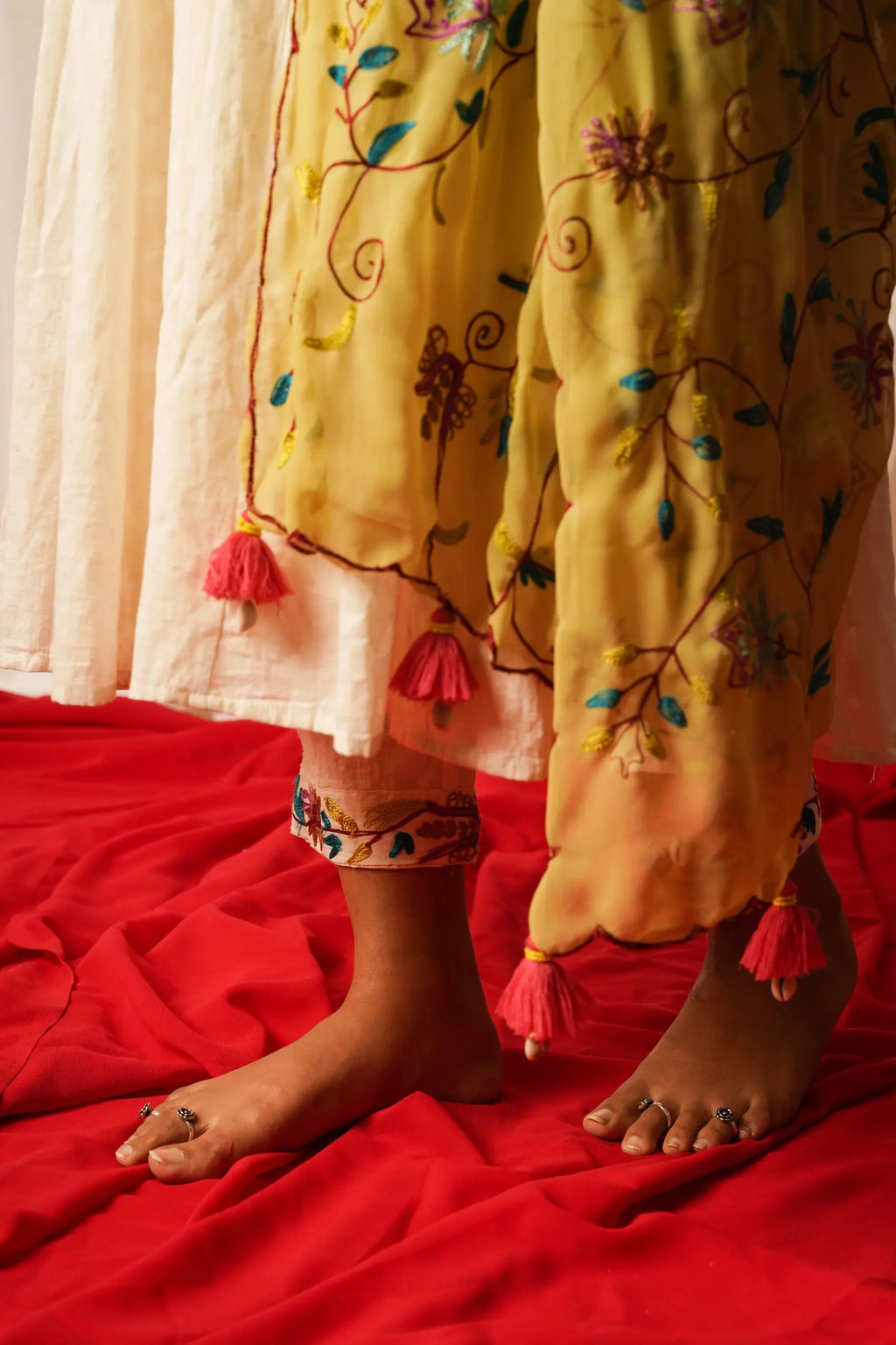 Anarkali Kurta, Pants And Duppata - Set Of Three at Kamakhyaa by Keva. This item is Best Selling, Cotton Lurex, Embroidered, For Mother, Green, Indian Wear, Kurta Pant Sets, Kurta Set With Dupatta, Natural, Relaxed Fit, Resort Wear, Tatriz, White, Womenswear