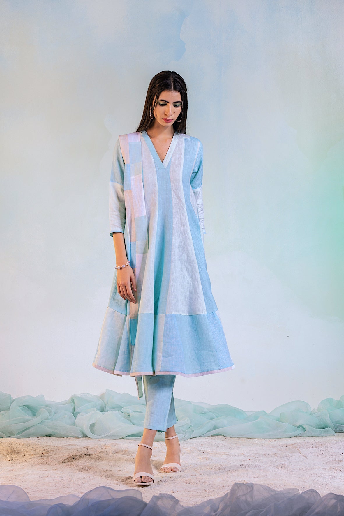 Anarkali with Pant - Set of 3 at Kamakhyaa by Charkhee. This item is Blue, Casual Wear, Green, Indian Wear, Kurta Pant Sets, Kurta Set With Dupatta, Linen, Natural, Regular Fit, Textured, Womenswear