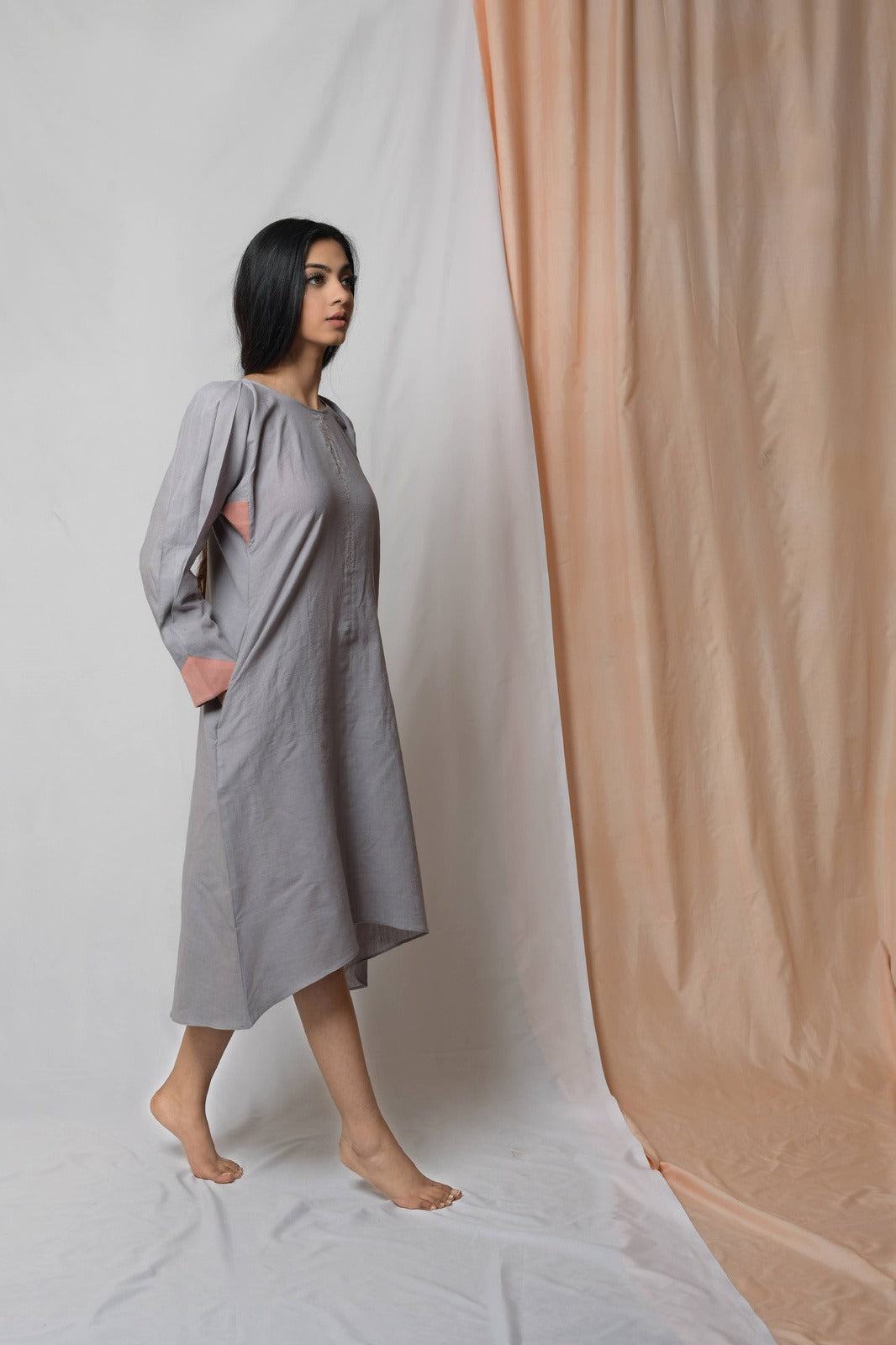 Anchor Grey Midi Dress at Kamakhyaa by Niraa. This item is Casual Wear, Cotton khadi, Fitted At Bust, Grey, Midi Dresses, Natural with azo dyes, Solids, Tales of rippling brooks, Womenswear