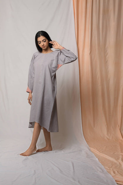 Anchor Grey Midi Dress at Kamakhyaa by Niraa. This item is Casual Wear, Cotton khadi, Fitted At Bust, Grey, Midi Dresses, Natural with azo dyes, Solids, Tales of rippling brooks, Womenswear