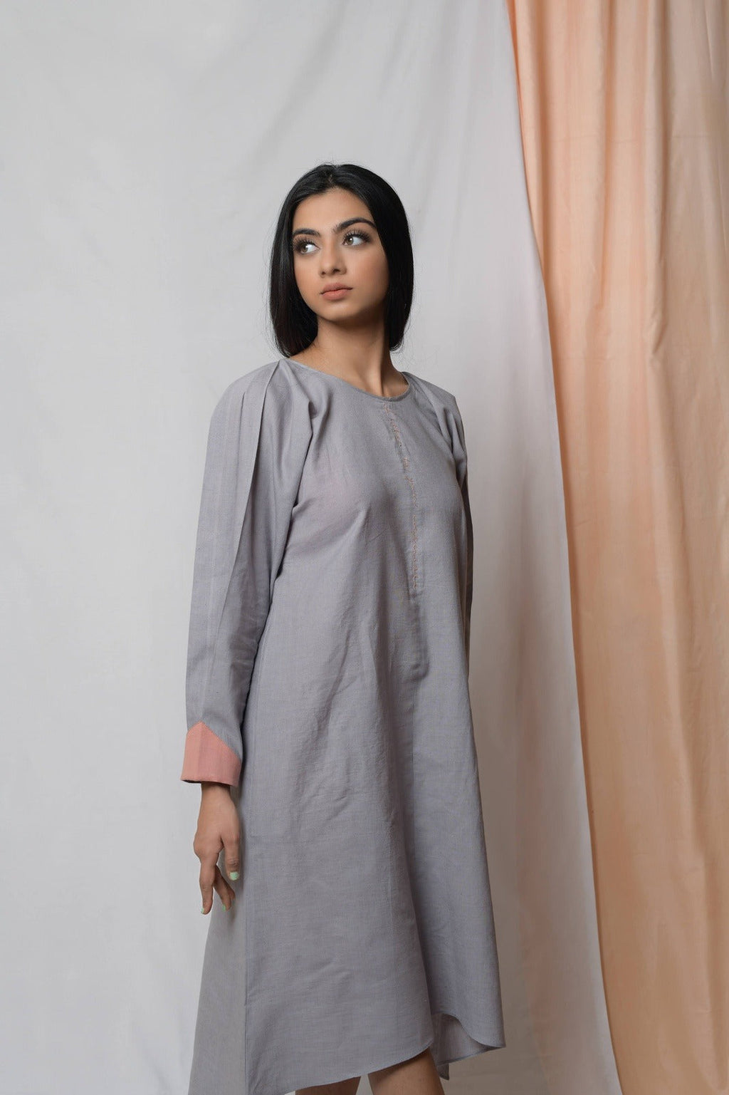 Anchor Grey Midi Dress at Kamakhyaa by Niraa. This item is Casual Wear, Cotton khadi, Fitted At Bust, Grey, Midi Dresses, Natural with azo dyes, Solids, Tales of rippling brooks, Womenswear