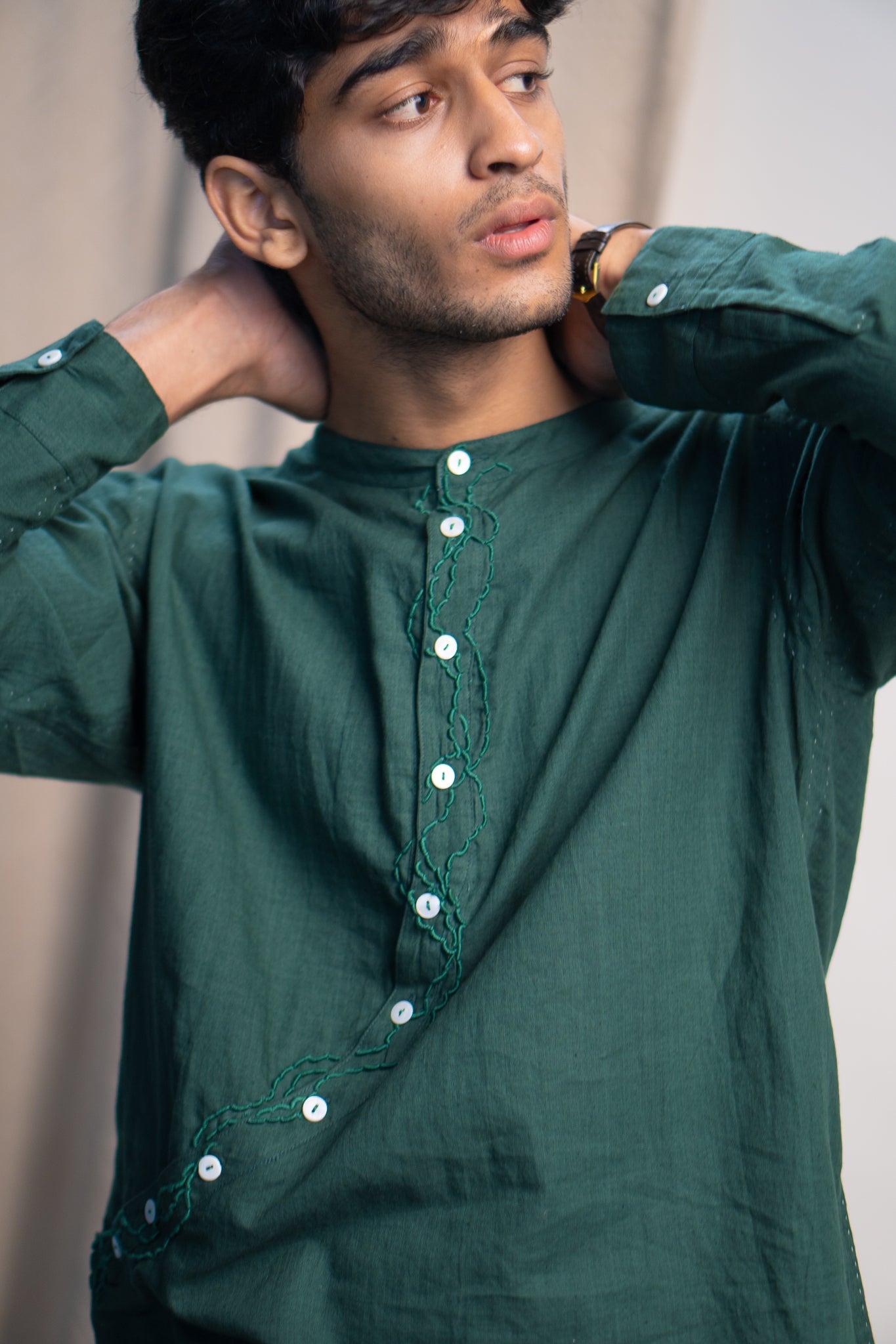 Angrakha Shirt at Kamakhyaa by Lafaani. This item is 100% pure cotton, Casual Wear, Green, Menswear, Natural with azo free dyes, Organic, Regular Fit, Rewind, Shirts, Solids