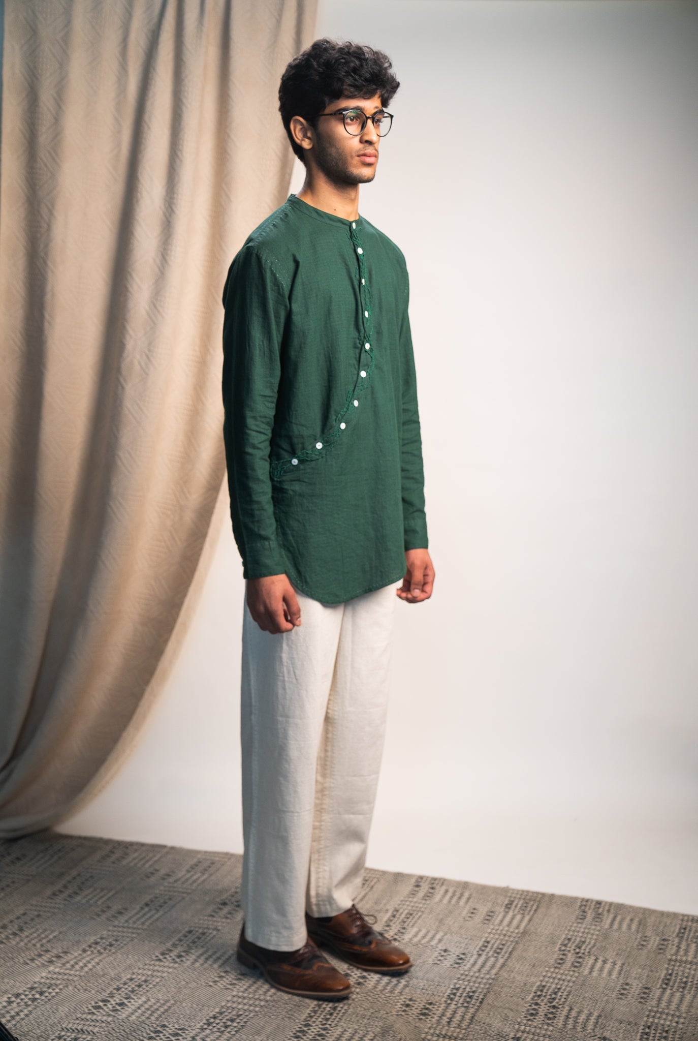 Angrakha Shirt at Kamakhyaa by Lafaani. This item is 100% pure cotton, Casual Wear, Green, Menswear, Natural with azo free dyes, Organic, Regular Fit, Rewind, Shirts, Solids