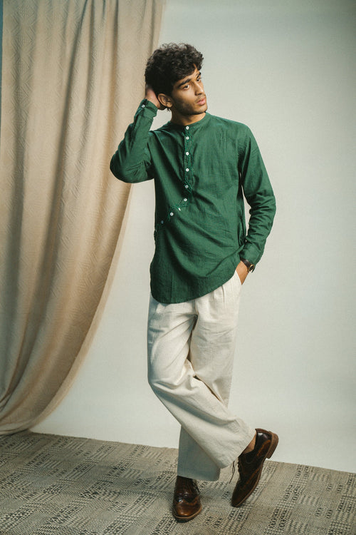 Angrakha Shirt at Kamakhyaa by Lafaani. This item is 100% pure cotton, Casual Wear, Green, Menswear, Natural with azo free dyes, Organic, Regular Fit, Rewind, Shirts, Solids