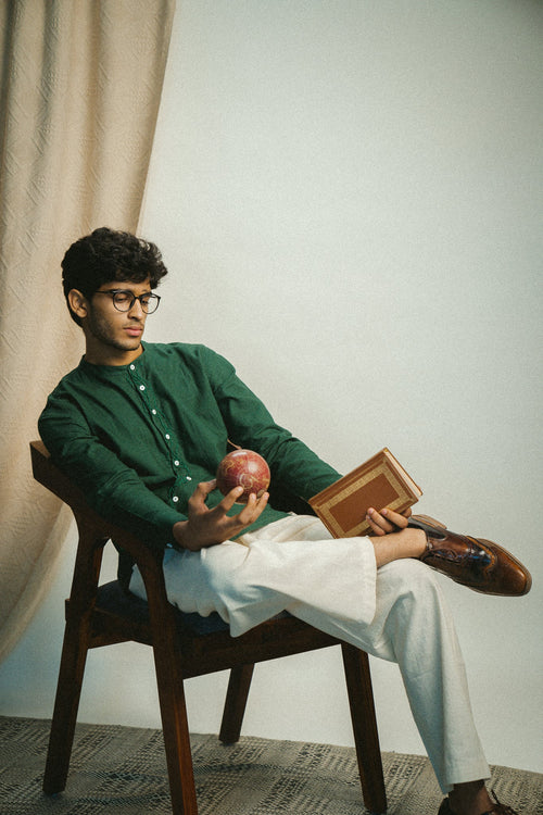 Angrakha Shirt & Pants Set at Kamakhyaa by Lafaani. This item is 100% pure cotton, Casual Wear, Co-ord Sets, Green, Kora, Menswear, Natural with azo free dyes, Organic, Regular Fit, Rewind, Solids