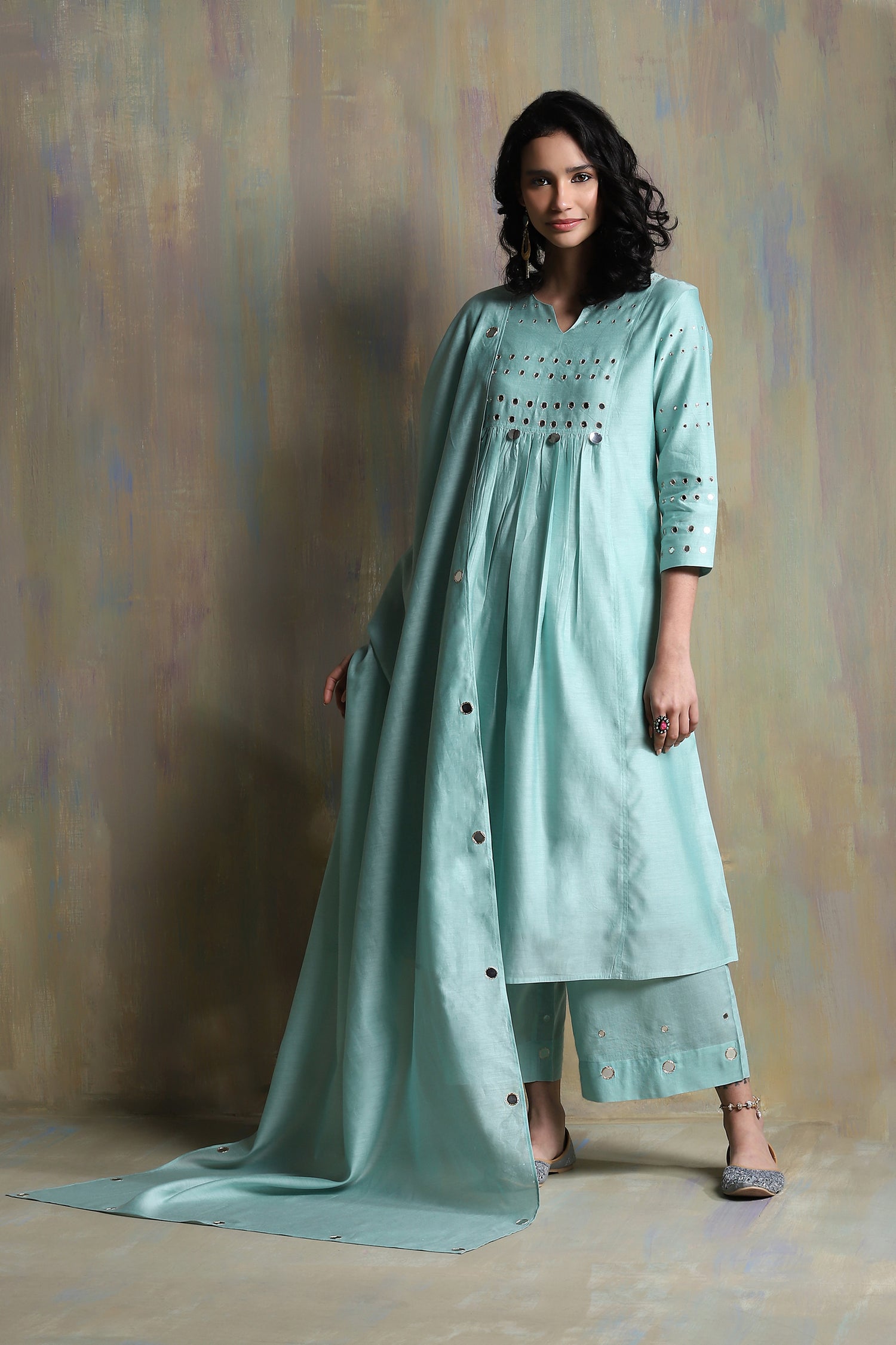 Aqua Green Gathered Kurta Set - Set of 3