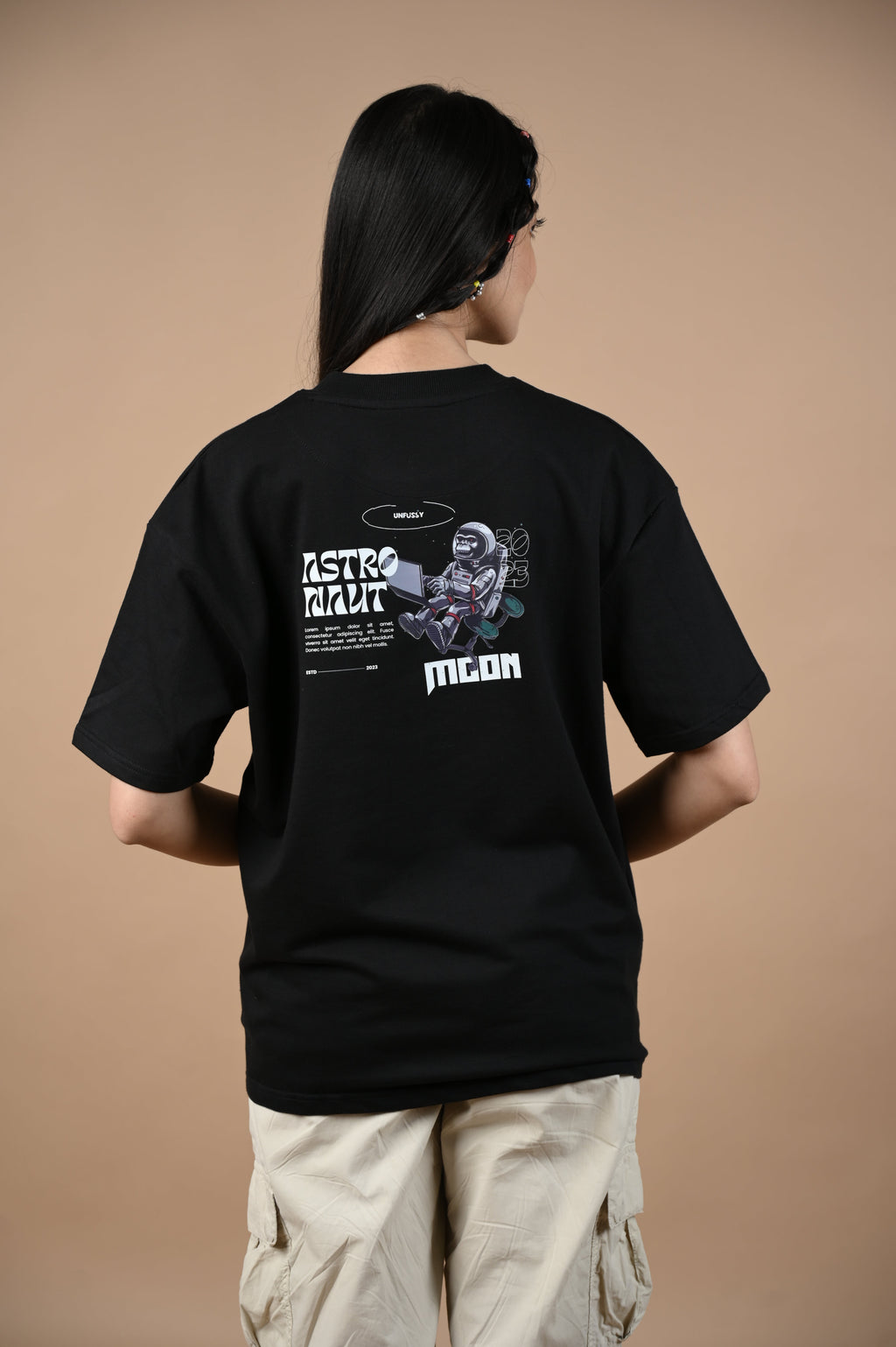 Astronaut 100% Cotton Oversized Black T-shirt at Kamakhyaa by Unfussy. This item is 100% cotton, Black, Casual Wear, Organic, Oversized Fit, Printed, T-Shirts, Unfussy, Unisex, Womenswear