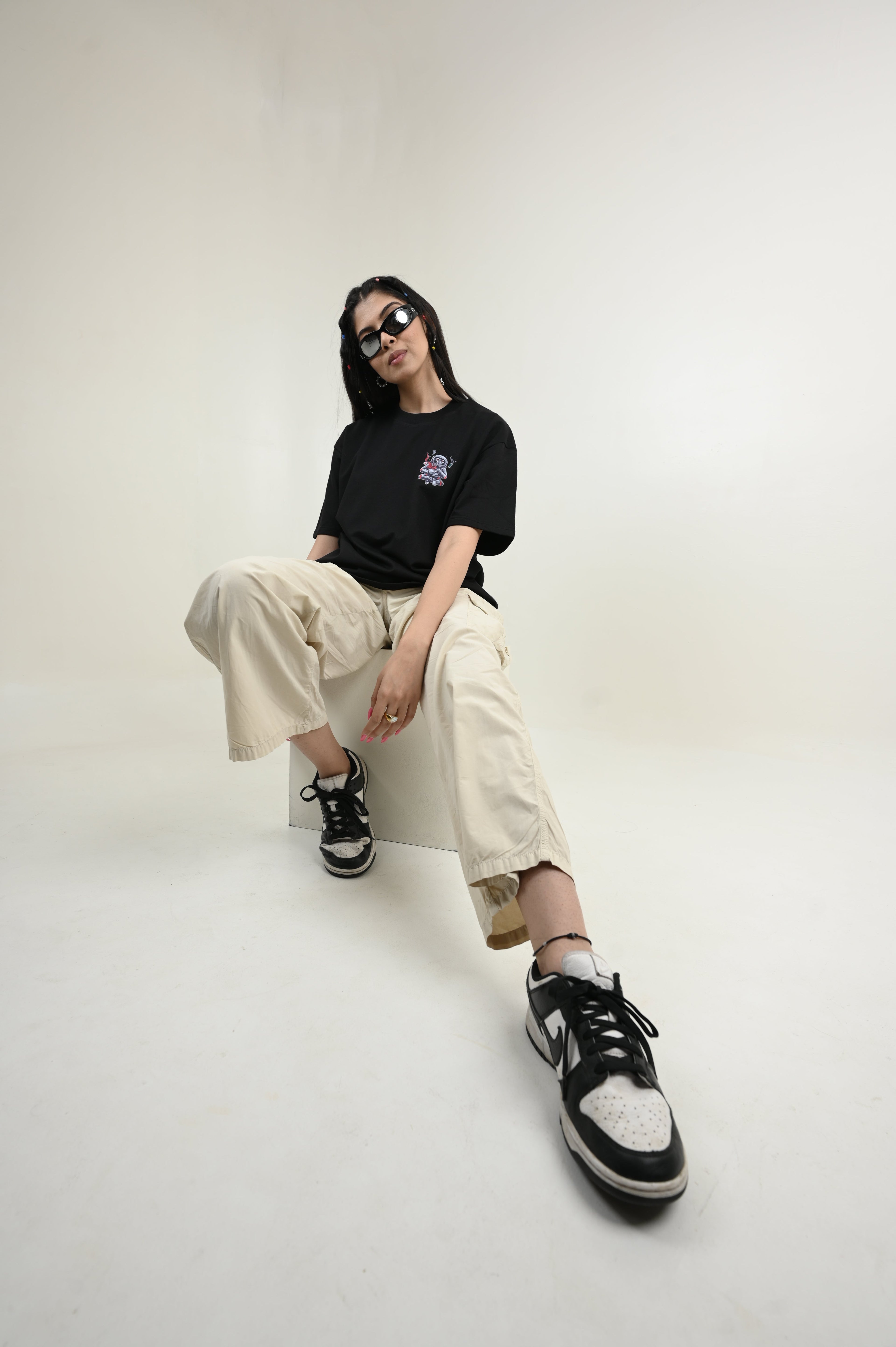 Astronaut 100% Cotton Oversized Black T-shirt at Kamakhyaa by Unfussy. This item is 100% cotton, Black, Casual Wear, Organic, Oversized Fit, Printed, T-Shirts, Unfussy, Unisex, Womenswear