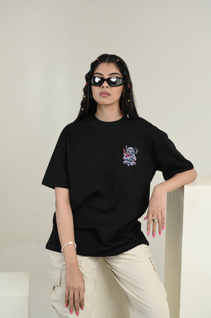 Astronaut 100% Cotton Oversized Black T-shirt at Kamakhyaa by Unfussy. This item is 100% cotton, Black, Casual Wear, Organic, Oversized Fit, Printed, T-Shirts, Unfussy, Unisex, Womenswear
