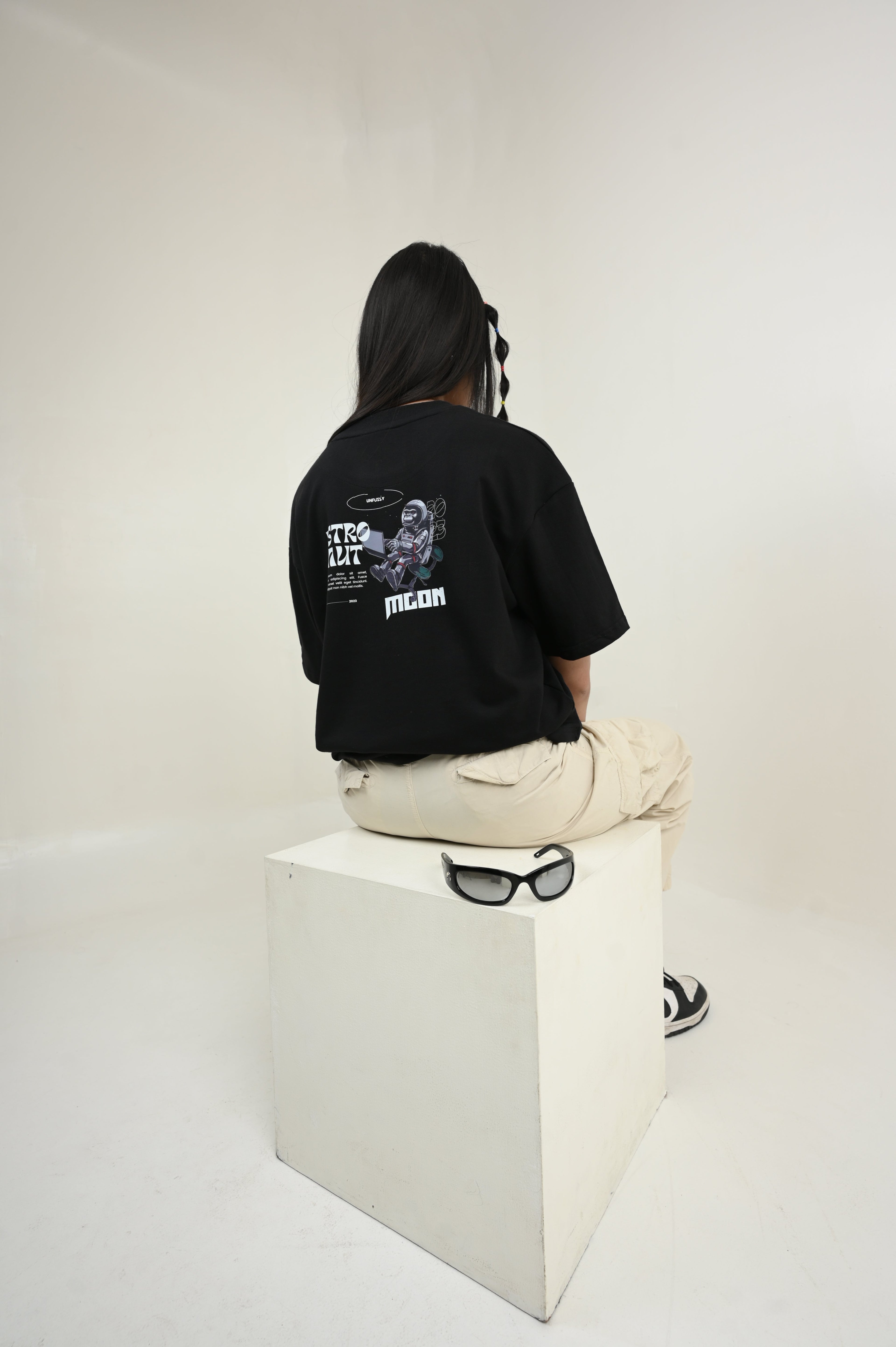 Astronaut 100% Cotton Oversized Black T-shirt at Kamakhyaa by Unfussy. This item is 100% cotton, Black, Casual Wear, Organic, Oversized Fit, Printed, T-Shirts, Unfussy, Unisex, Womenswear