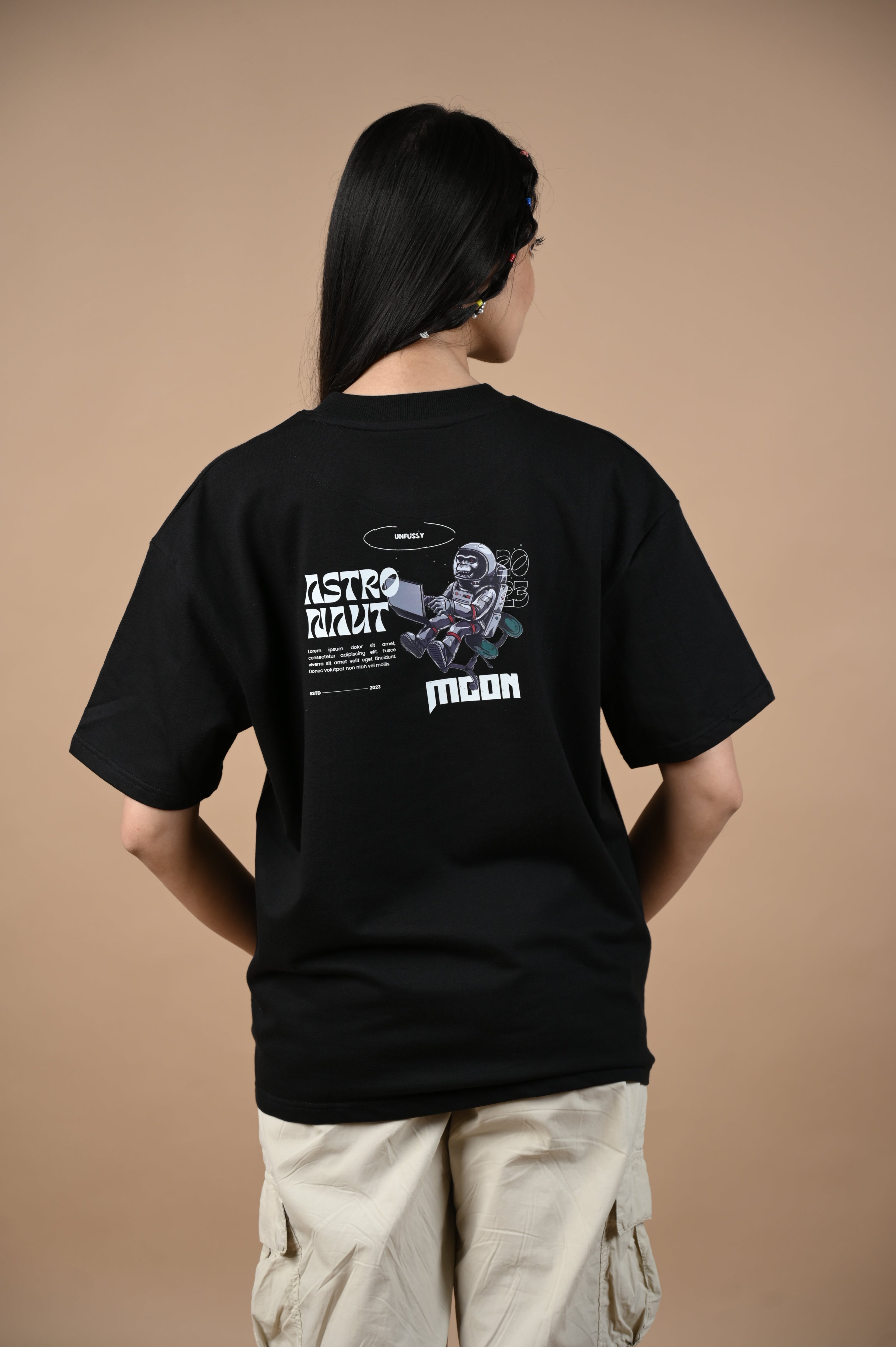 Astronaut 100% Cotton Oversized Black T-shirt at Kamakhyaa by Unfussy. This item is 100% cotton, Black, Casual Wear, Organic, Oversized Fit, Printed, T-Shirts, Unfussy, Unisex, Womenswear