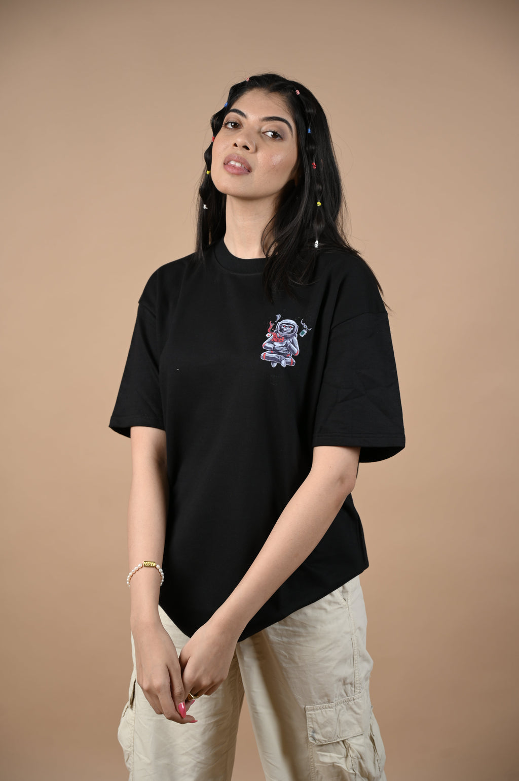 Astronaut 100% Cotton Oversized Black T-shirt at Kamakhyaa by Unfussy. This item is 100% cotton, Black, Casual Wear, Organic, Oversized Fit, Printed, T-Shirts, Unfussy, Unisex, Womenswear