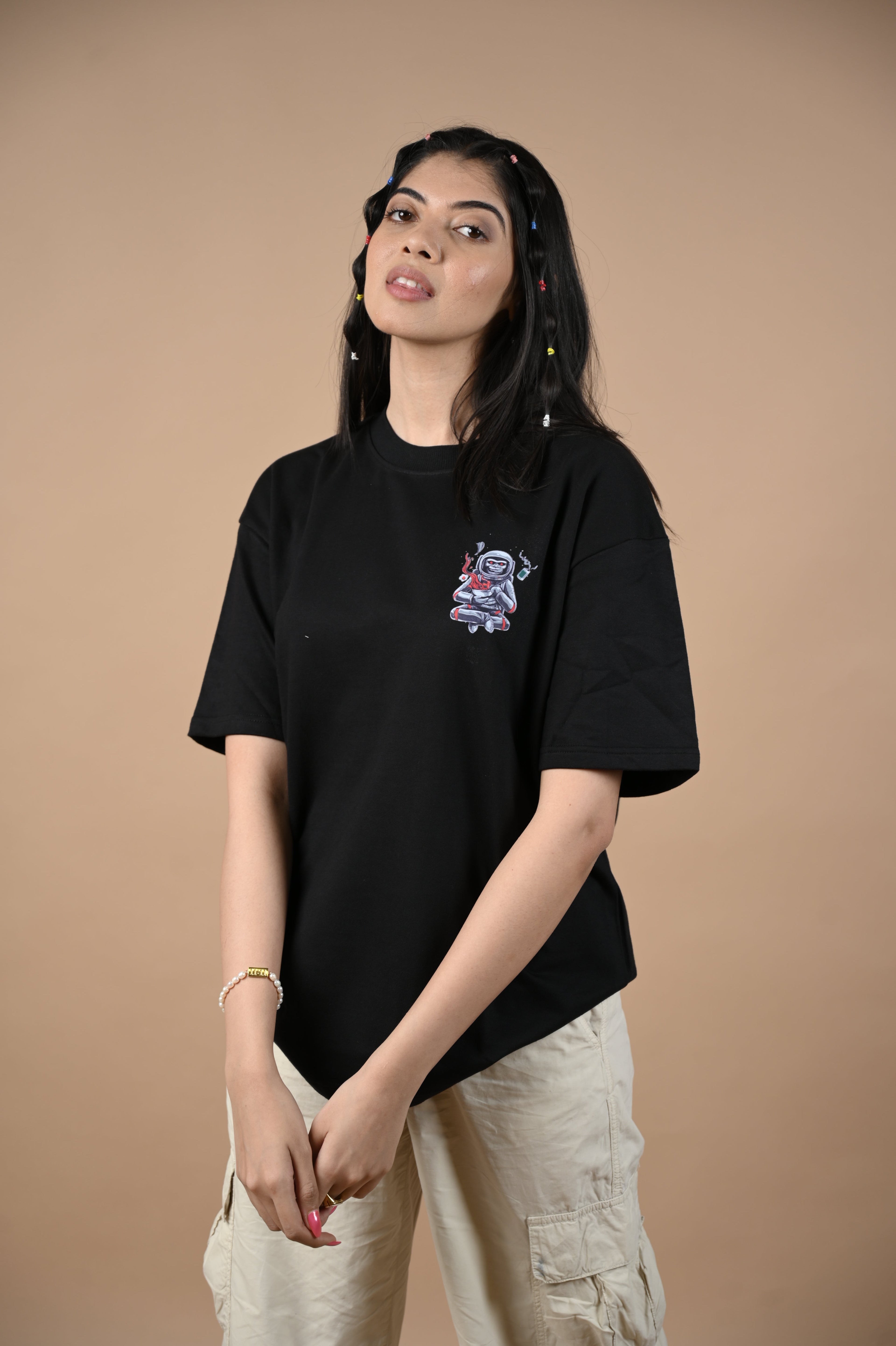 Astronaut 100% Cotton Oversized Black T-shirt at Kamakhyaa by Unfussy. This item is 100% cotton, Black, Casual Wear, Organic, Oversized Fit, Printed, T-Shirts, Unfussy, Unisex, Womenswear