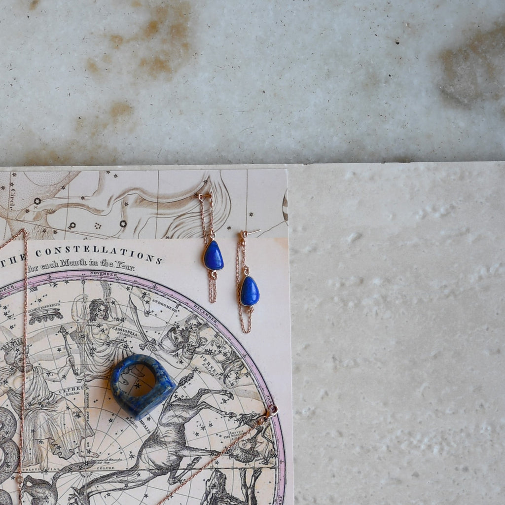 Athena Chain Earrings at Kamakhyaa by Noyra. This item is Blue, Fashion Jewellery, jewelry, Micron, Natural, Office Wear Jewellery, Short Earrings, Silver, Solids