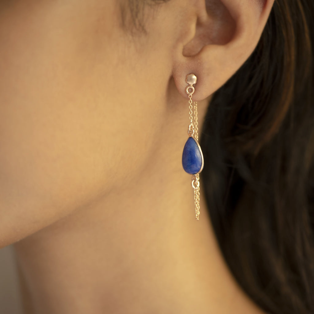Athena Chain Earrings at Kamakhyaa by Noyra. This item is Blue, Fashion Jewellery, jewelry, Micron, Natural, Office Wear Jewellery, Short Earrings, Silver, Solids
