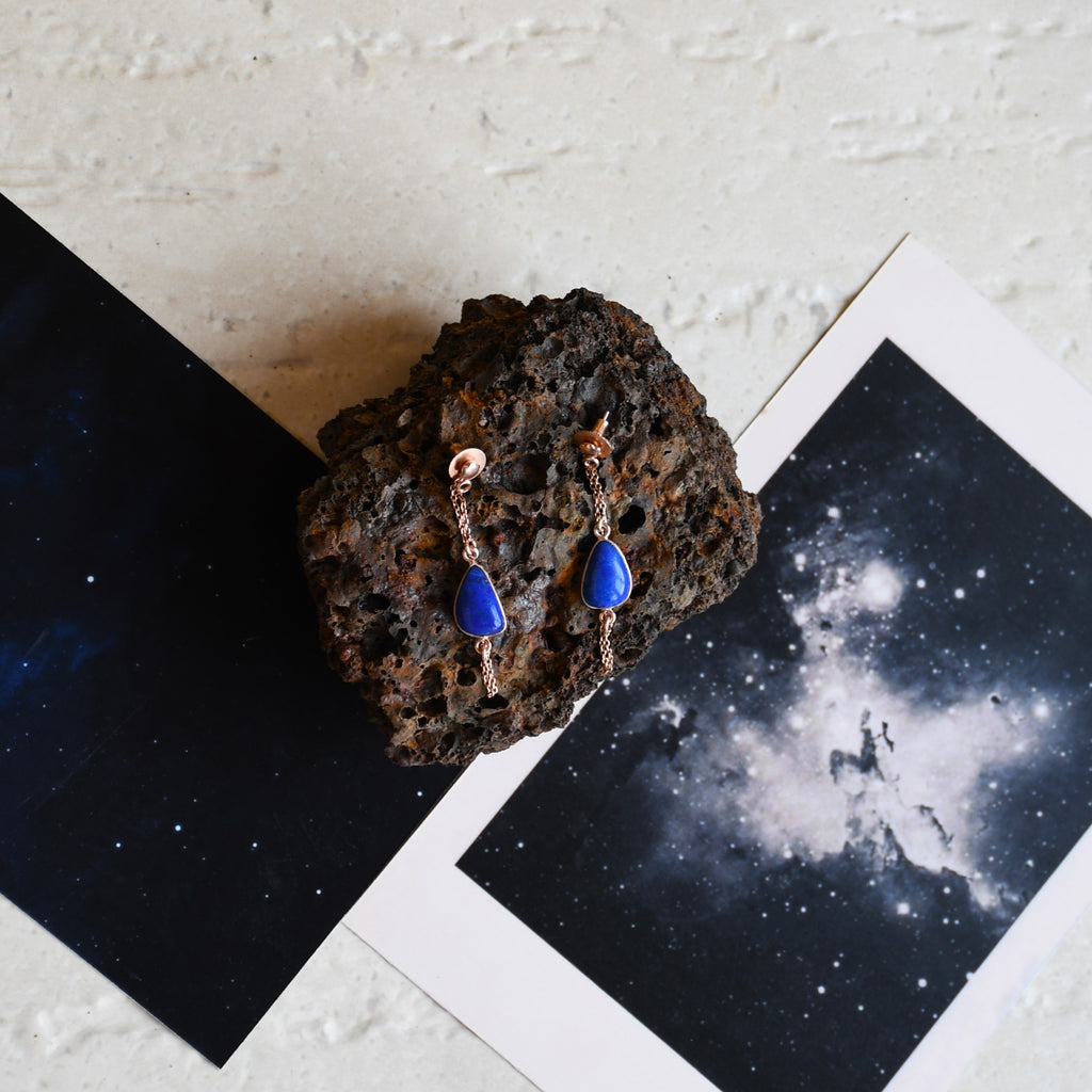 Athena Chain Earrings at Kamakhyaa by Noyra. This item is Blue, Fashion Jewellery, jewelry, Micron, Natural, Office Wear Jewellery, Short Earrings, Silver, Solids