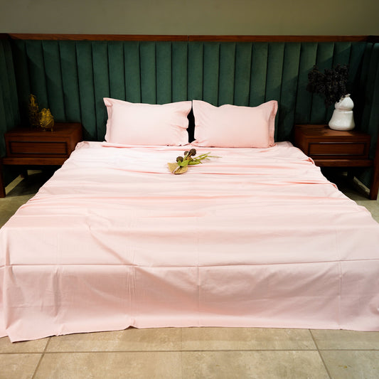 Baby Pink Serenity Bedsheet with 2 Pillow Covers at Kamakhyaa by Aetherea. This item is 100% Cotton, 300 TC, 400 TC, 500 TC, Baby Pink, Bedsheets, Home, King, Plain, Plain Bedsheets, Queen, Solid