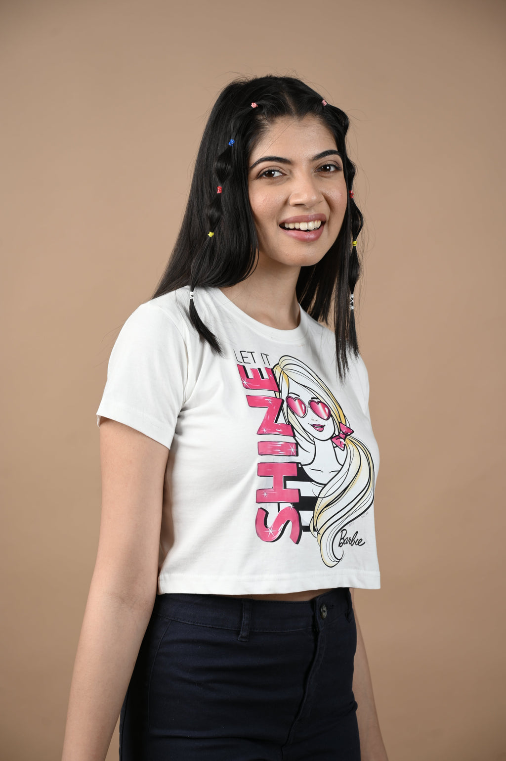 Barbie Shine 100% Cotton Crop White T-shirt at Kamakhyaa by Unfussy. This item is 100% cotton, Casual Wear, Crop Tops, Organic, Oversized Fit, Printed, T-Shirts, Unfussy, Unisex, White, Womenswear