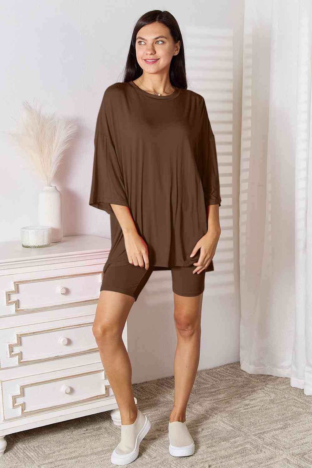 Basic Bae Full Size Soft Rayon Three-Quarter Sleeve Top and Shorts Set at Kamakhyaa by Trendsi. This item is Basic Bae, Ship from USA, Trendsi, Womenswear