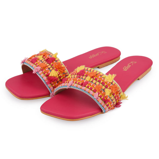 Beaded Flat at Kamakhyaa by EK_agga. This item is Embroidered, Flats, For Daughter, Not Priced, Open Toes, Patent leather, Pink, Regular Fit, Resort Wear, swarnali, Vegan