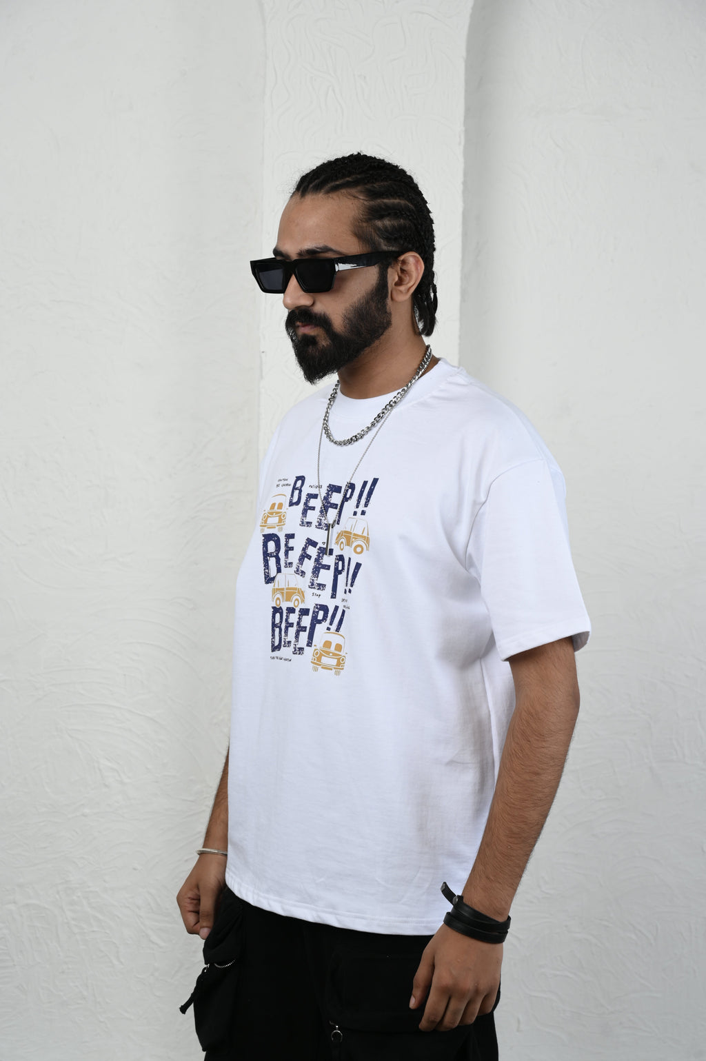 Beep More 100% Cotton Oversized White T-shirt at Kamakhyaa by Unfussy. This item is 100% cotton, Casual Wear, Menswear, Organic, Oversized Fit, Printed, T-Shirts, Unfussy, Unisex, White