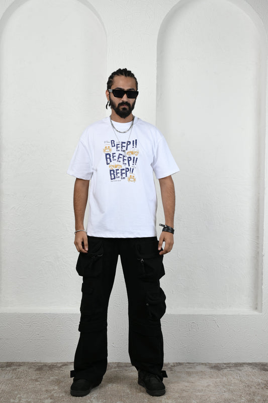 Beep More 100% Cotton Oversized White T-shirt at Kamakhyaa by Unfussy. This item is 100% cotton, Casual Wear, Menswear, Organic, Oversized Fit, Printed, T-Shirts, Unfussy, Unisex, White
