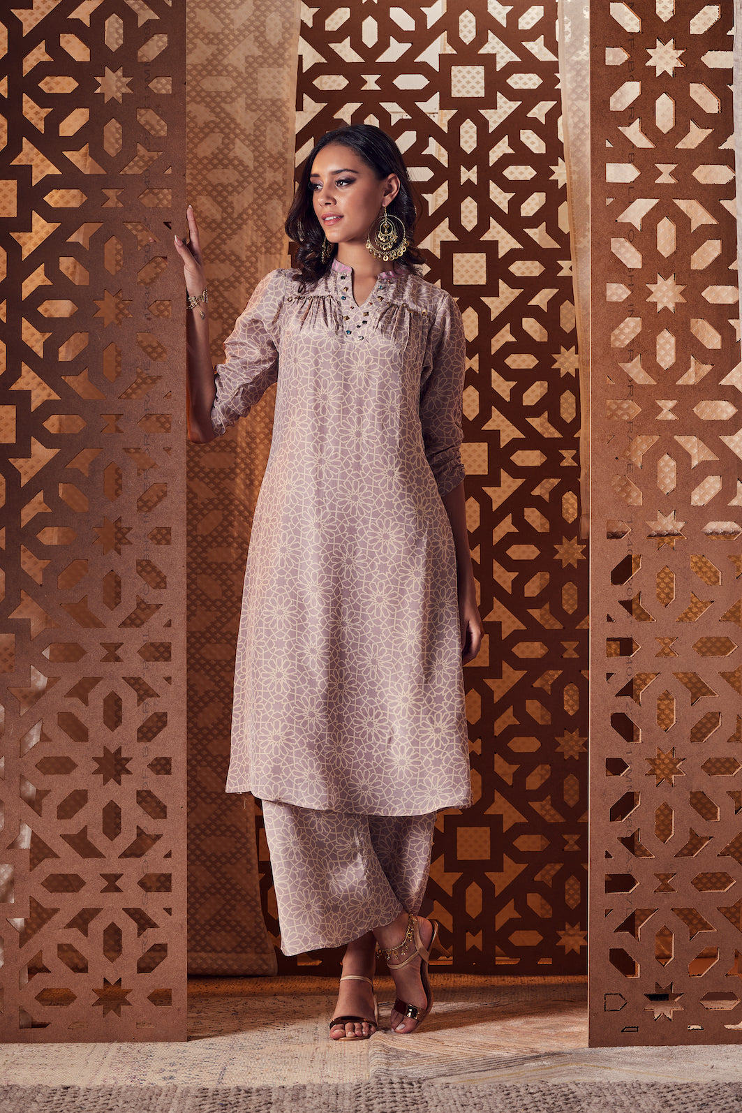 Beige A-Line Kurta - Set of 3 at Kamakhyaa by Charkhee. This item is Beige, Cotton, Crepe, Embroidered, Ethnic Wear, Indian Wear, Kurta Palazzo Sets, Naayaab, Natural, Nayaab, Relaxed Fit, Womenswear