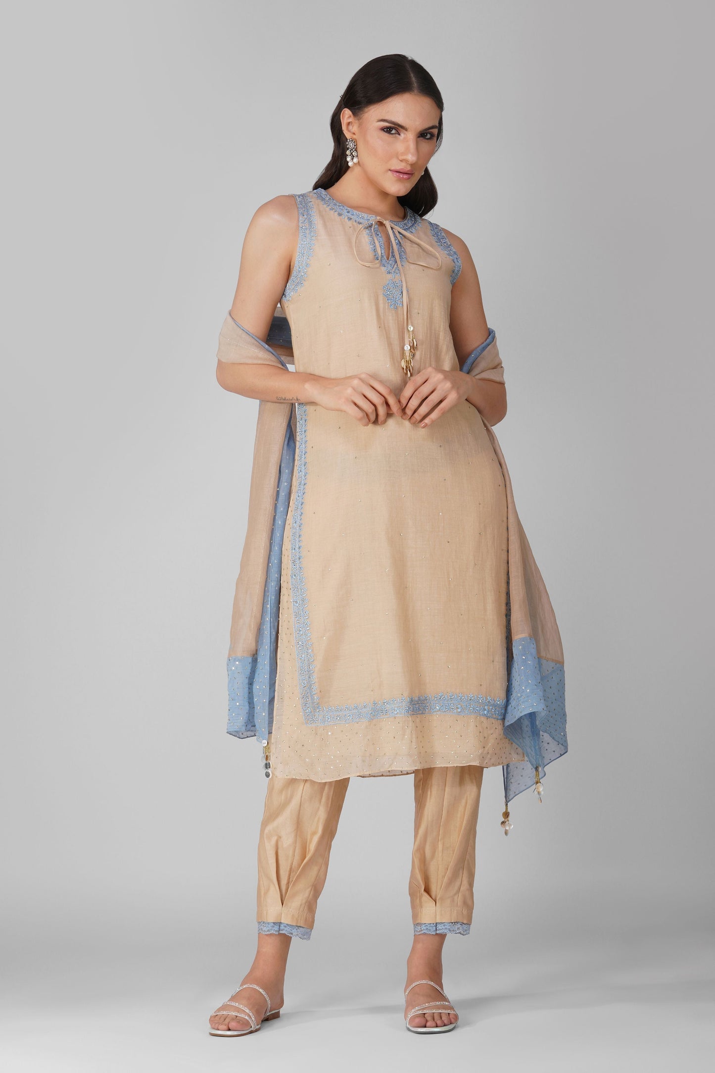 Beige And Blue Kurta Pant Set at Kamakhyaa by Devyani Mehrotra. This item is Beige, Chanderi, Embellished, Indian Wear, Natural, Party Wear, Regular Fit, Womenswear