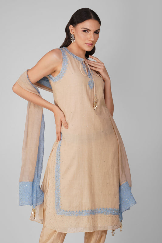 Beige And Blue Kurta Pant Set at Kamakhyaa by Devyani Mehrotra. This item is Beige, Chanderi, Embellished, Indian Wear, Natural, Party Wear, Regular Fit, Womenswear