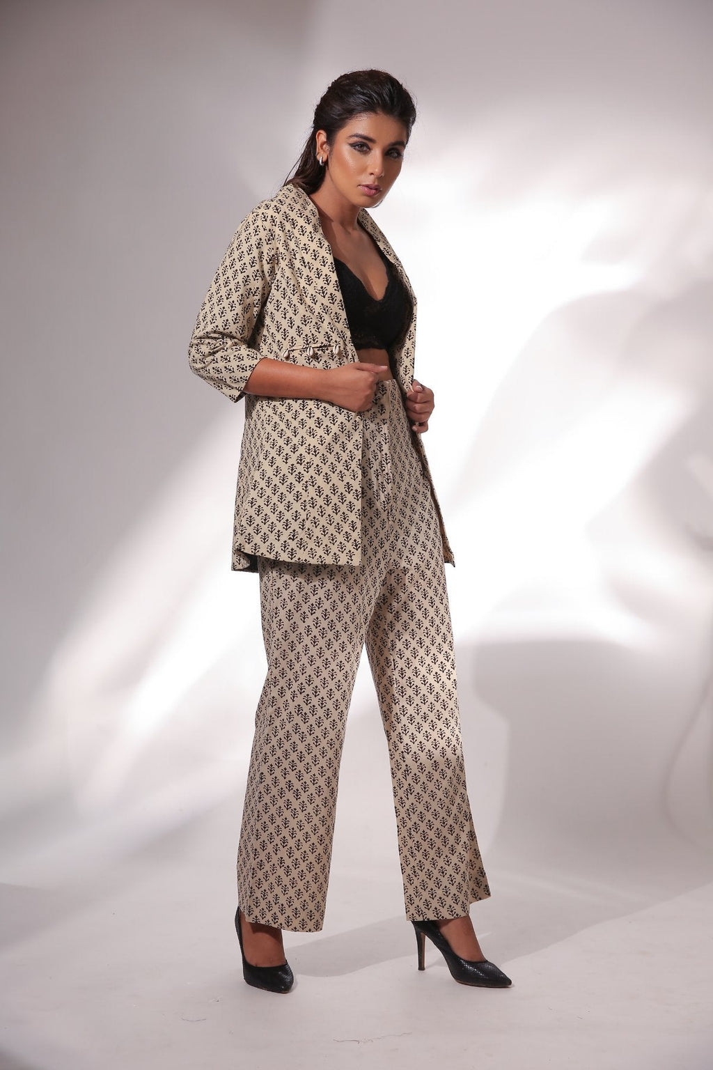 Beige Block Print Blazer And Pant Set at Kamakhyaa by Keva. This item is Beige, Black, Block Prints, Co-ord Sets, Cotton, Natural, Office, Office Wear Co-ords, Printed Selfsame, Relaxed Fit, Resort Wear, Womenswear, Zima