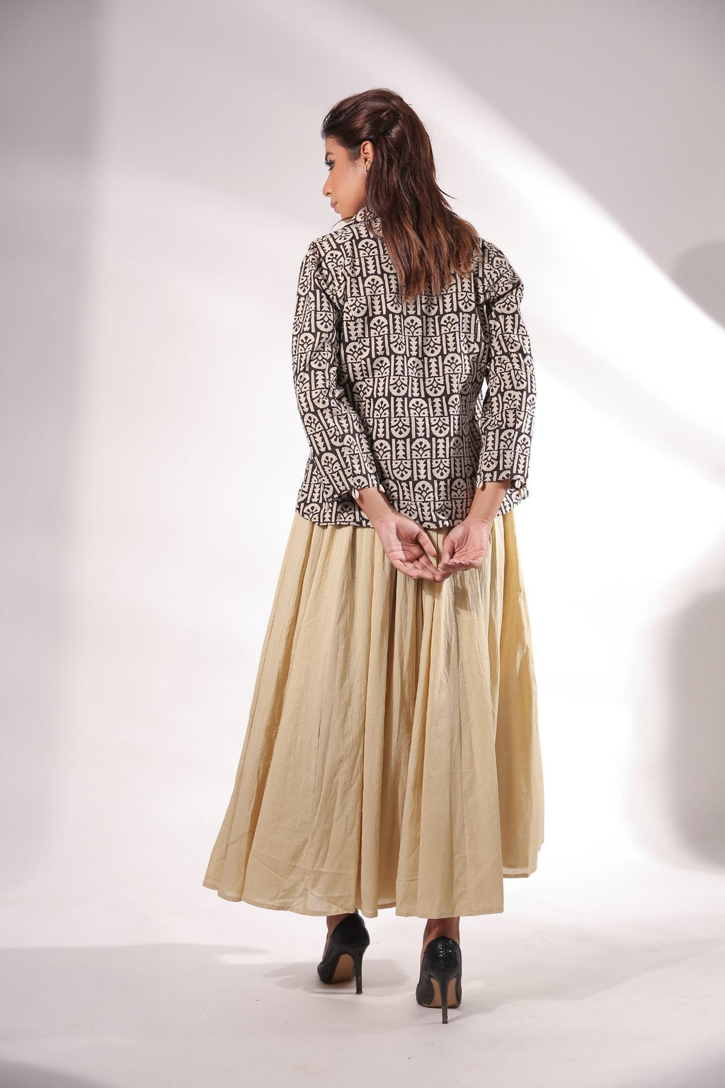 Beige Block Printed Jacket at Kamakhyaa by Keva. This item is Beige, Black, Block Prints, Cotton, Jackets, Natural, Relaxed Fit, Resort Wear, Womenswear, Zima