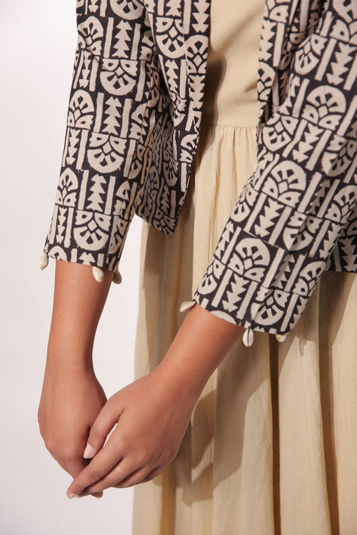 Beige Block Printed Jacket at Kamakhyaa by Keva. This item is Beige, Black, Block Prints, Cotton, Jackets, Natural, Relaxed Fit, Resort Wear, Womenswear, Zima