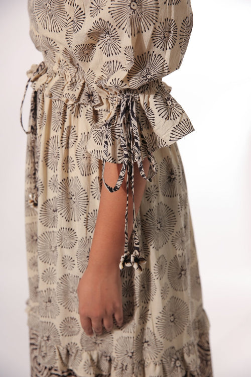 Beige Block Printed Maxi Dress at Kamakhyaa by Keva. This item is Beige, Black, Block Prints, Cotton, For Anniversary, For Daughter, Kurtas, Maxi Dresses, Natural, Relaxed Fit, Resort Wear, Tiered Dresses, Womenswear, Zima