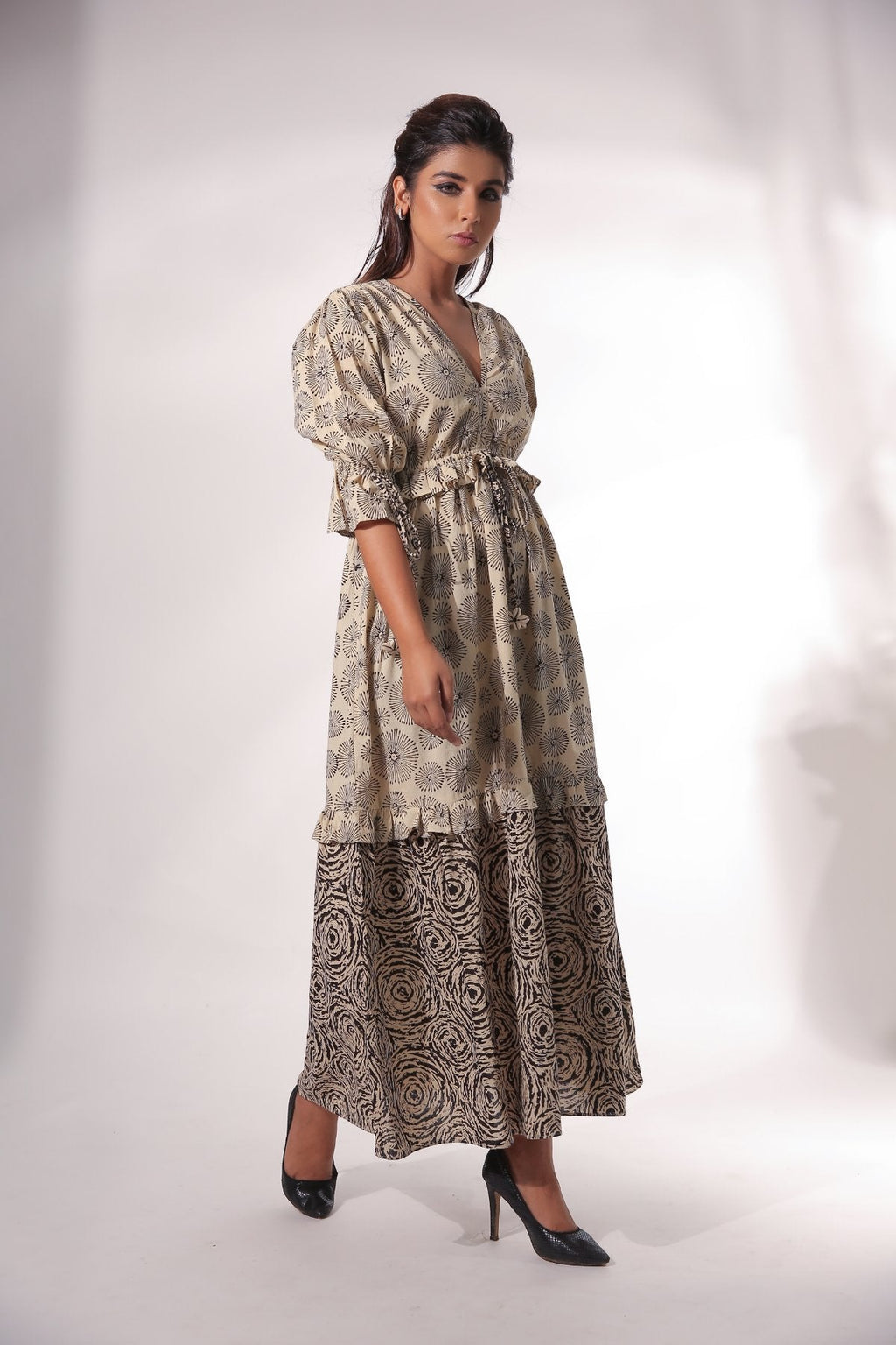 Beige Block Printed Maxi Dress at Kamakhyaa by Keva. This item is Beige, Black, Block Prints, Cotton, For Anniversary, For Daughter, Kurtas, Maxi Dresses, Natural, Relaxed Fit, Resort Wear, Tiered Dresses, Womenswear, Zima