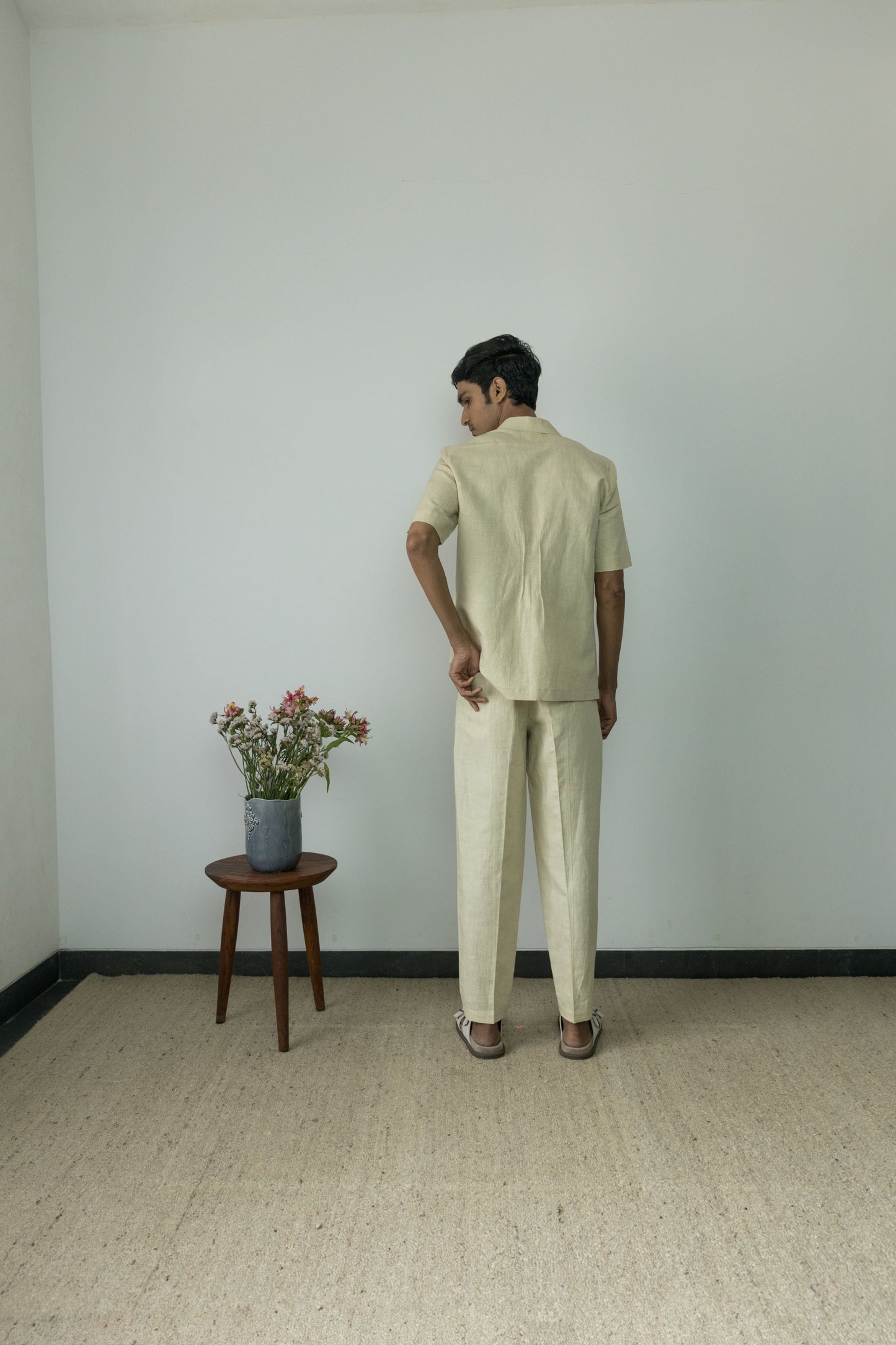 Beige Casual Pants at Kamakhyaa by Anushé Pirani. This item is Beige, Casual Wear, Cotton, Cotton Hemp, For Him, Handwoven, Hemp, Mens Bottom, Menswear, Pants, Relaxed Fit, Shibumi Collection, Solids