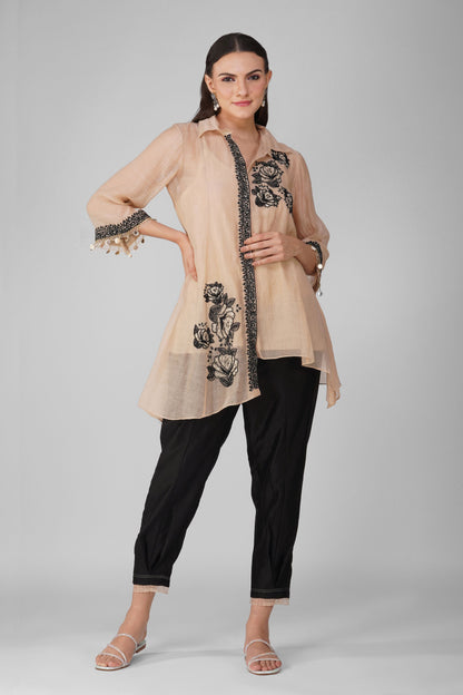 Beige Chanderi Asymmetric Shirt Set at Kamakhyaa by Devyani Mehrotra. This item is Black, Chanderi, Embellished, Indian Wear, Natural, Party Wear, Regular Fit, Womenswear