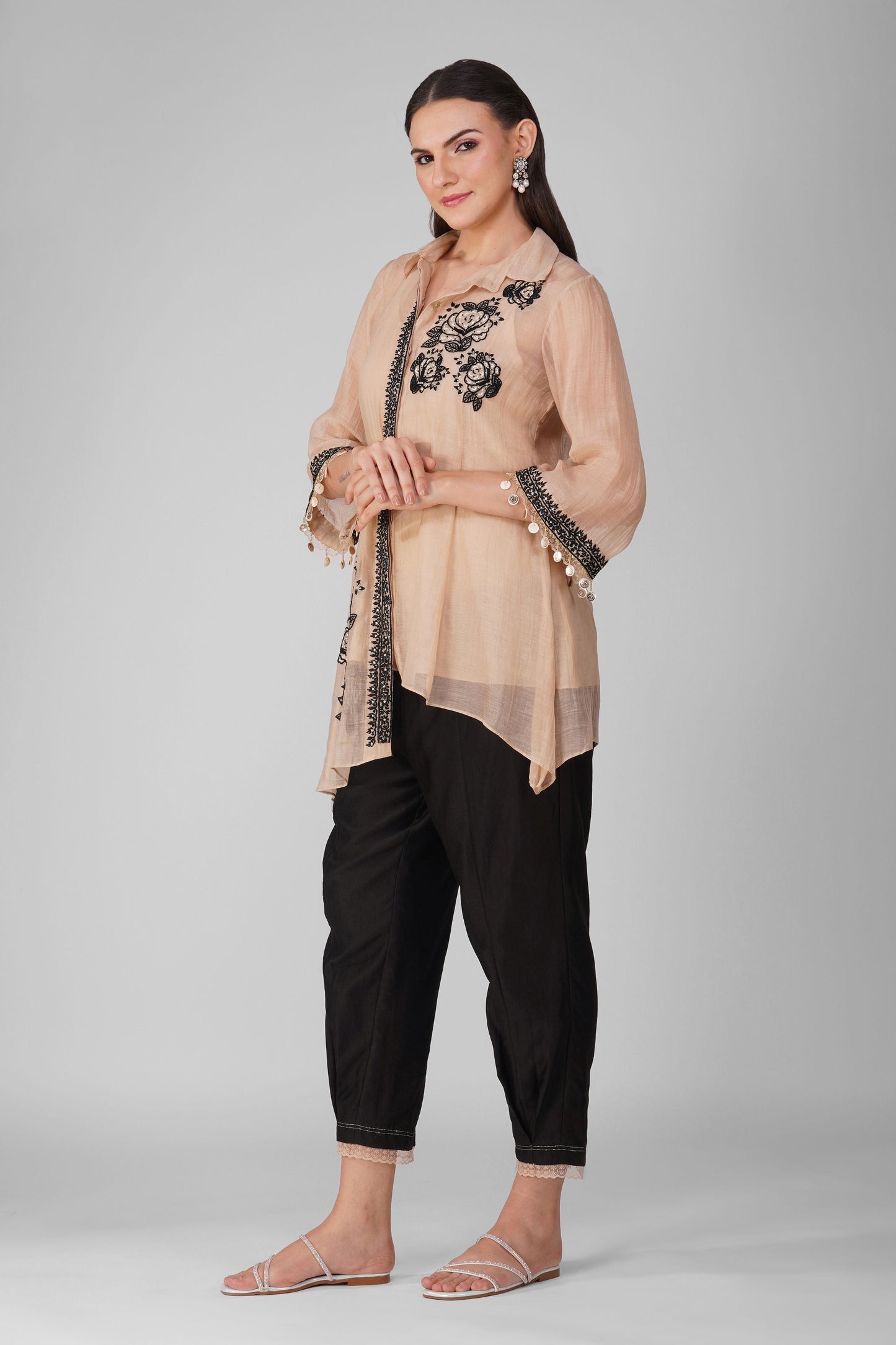 Beige Chanderi Asymmetric Shirt Set at Kamakhyaa by Devyani Mehrotra. This item is Black, Chanderi, Embellished, Indian Wear, Natural, Party Wear, Regular Fit, Womenswear