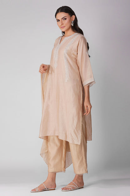 Beige Chanderi Kalidar Kurta Pant Set at Kamakhyaa by Devyani Mehrotra. This item is Beige, Chanderi, Embellished, Indian Wear, Natural, Party Wear, Regular Fit, Womenswear