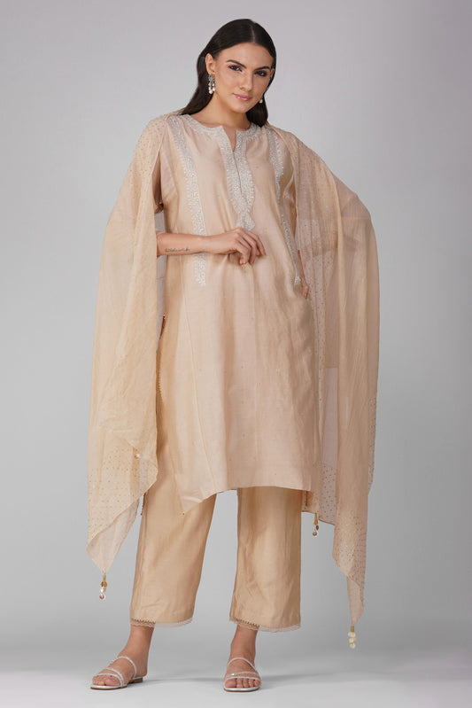 Beige Chanderi Kalidar Kurta Pant Set at Kamakhyaa by Devyani Mehrotra. This item is Beige, Chanderi, Embellished, Indian Wear, Natural, Party Wear, Regular Fit, Womenswear