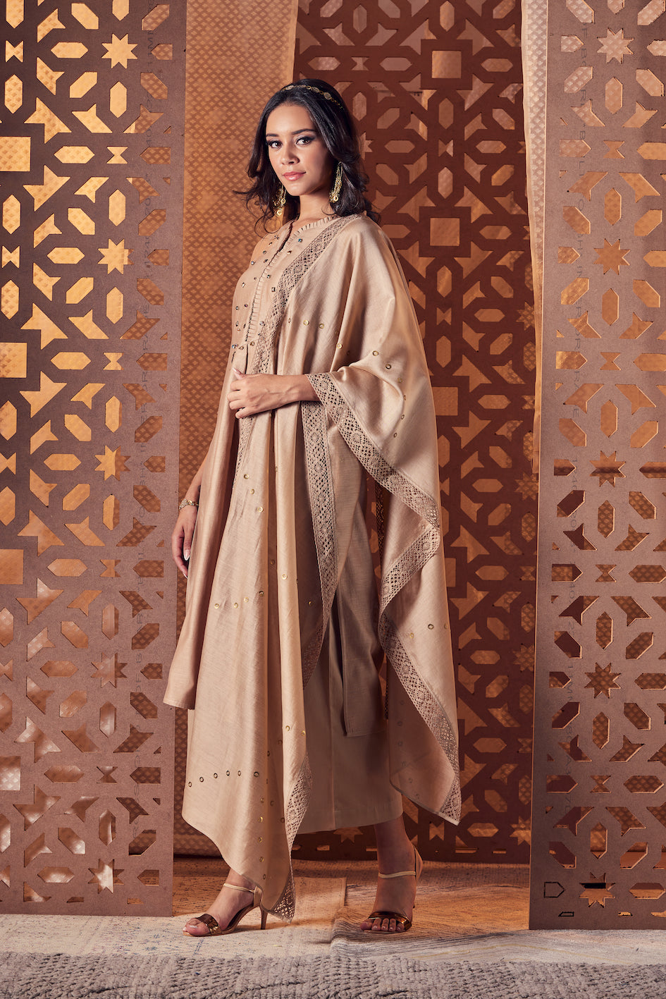 Beige Chanderi Pleated Neck Kurta - Set of 3 at Kamakhyaa by Charkhee. This item is Beige, Chanderi, Cotton, Embroidered, Ethnic Wear, Indian Wear, Kurta Palazzo Sets, Naayaab, Natural, Nayaab, Relaxed Fit, Womenswear