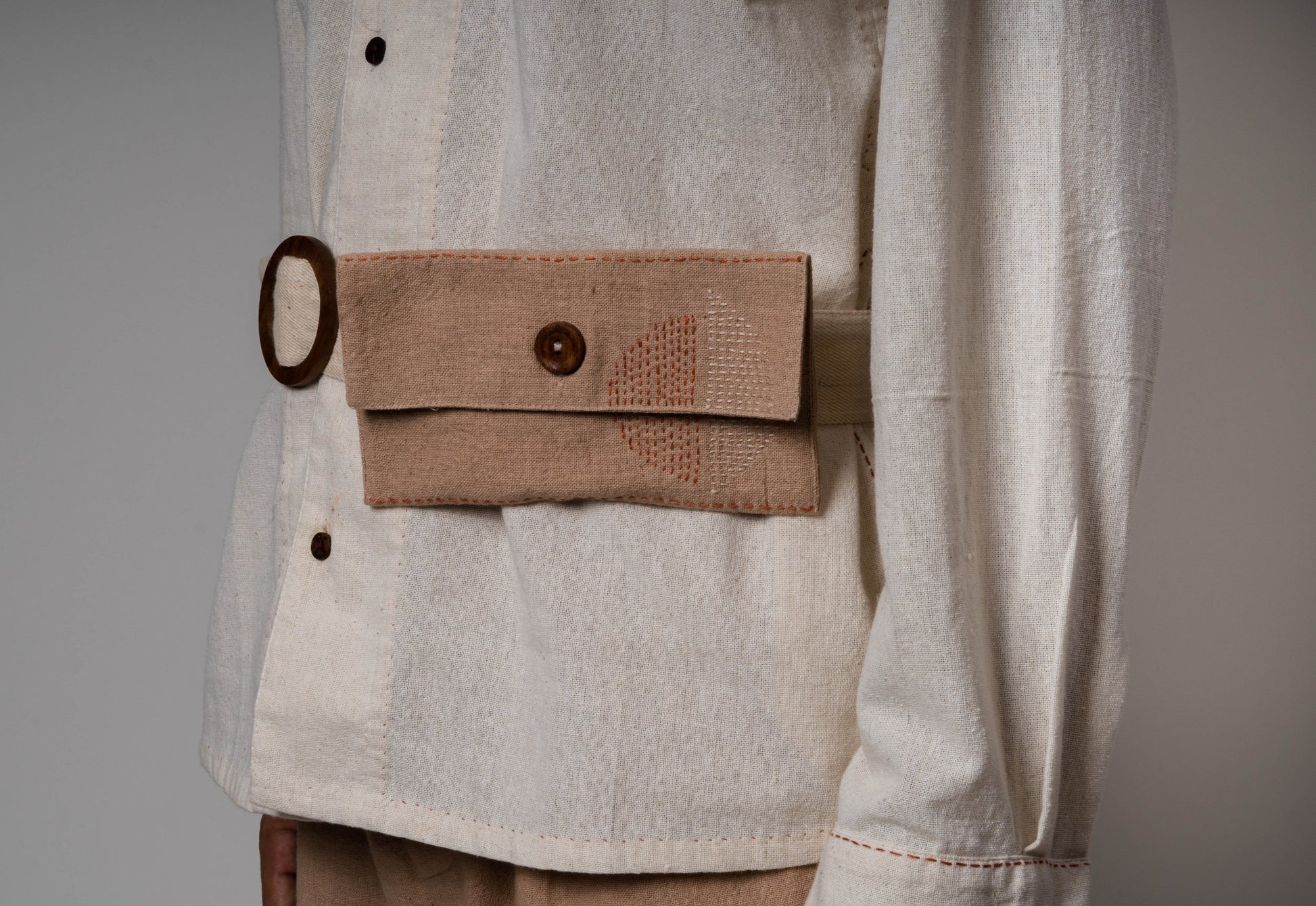 Beige/Charcoal Grey/White Upcycled Belt Bag at Kamakhyaa by Lafaani. This item is Add Ons, Bags, Belt Bags, Casual Wear, Free Size, Less than $50, Multicolor, Natural, Solids, Upcycled, Upcycled Cotton