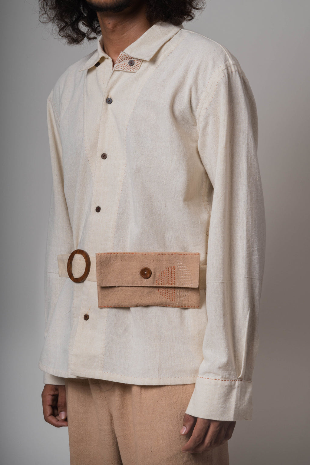 Beige/Charcoal Grey/White Upcycled Belt Bag at Kamakhyaa by Lafaani. This item is Add Ons, Bags, Belt Bags, Casual Wear, Free Size, Less than $50, Multicolor, Natural, Solids, Upcycled, Upcycled Cotton