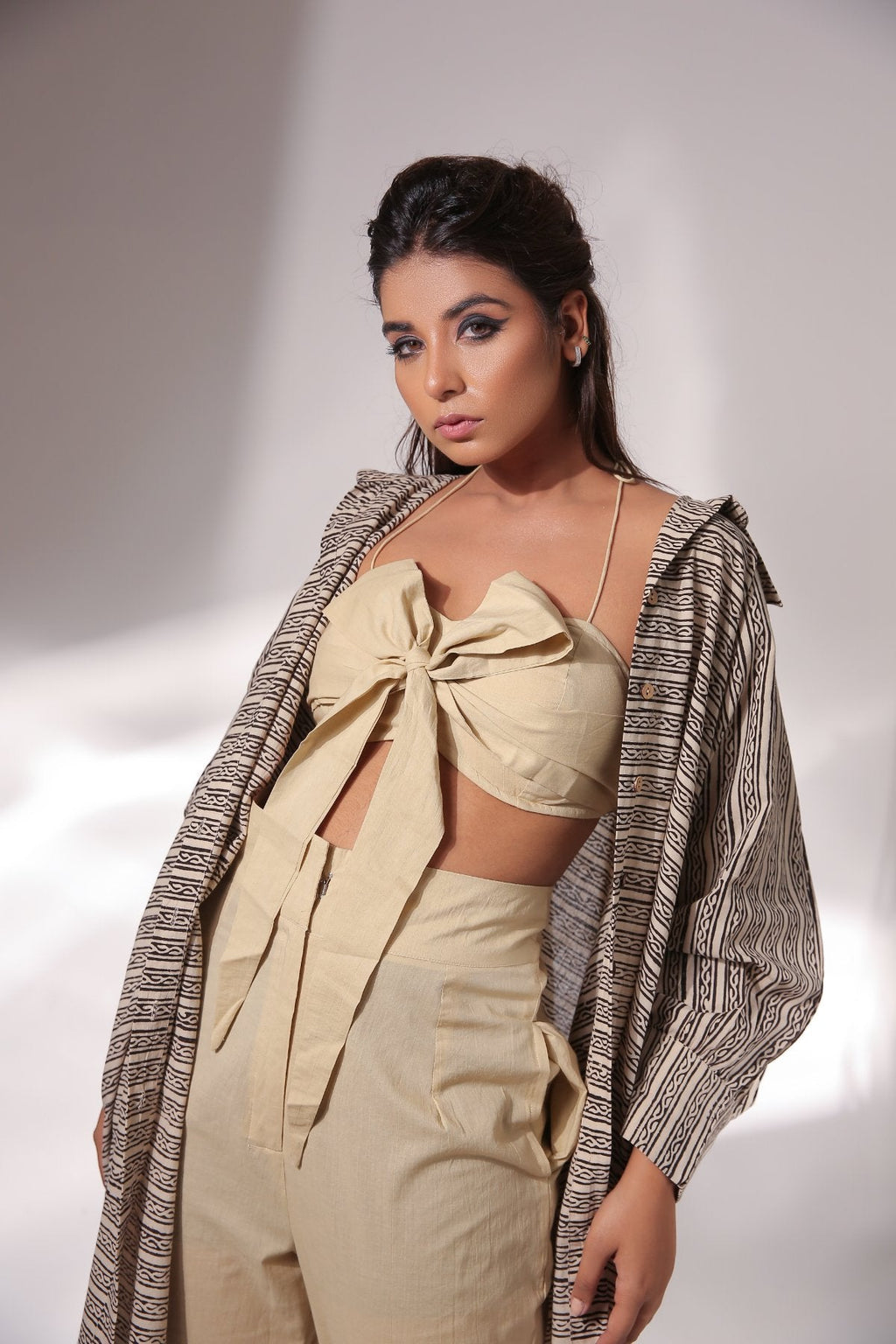 Beige Co-ord Set at Kamakhyaa by Keva. This item is Beige, Black, Block Prints, Co-ord Sets, Cotton, Natural, Relaxed Fit, Resort Wear, Travel, Travel Co-ords, Vacation, Womenswear, Zima